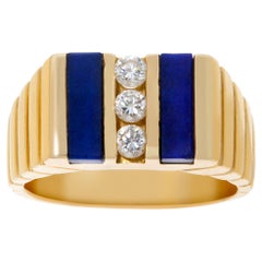 Vintage Ribbed yellow gold ring with 3 channel set diamonds & lapiz lazuli accents.