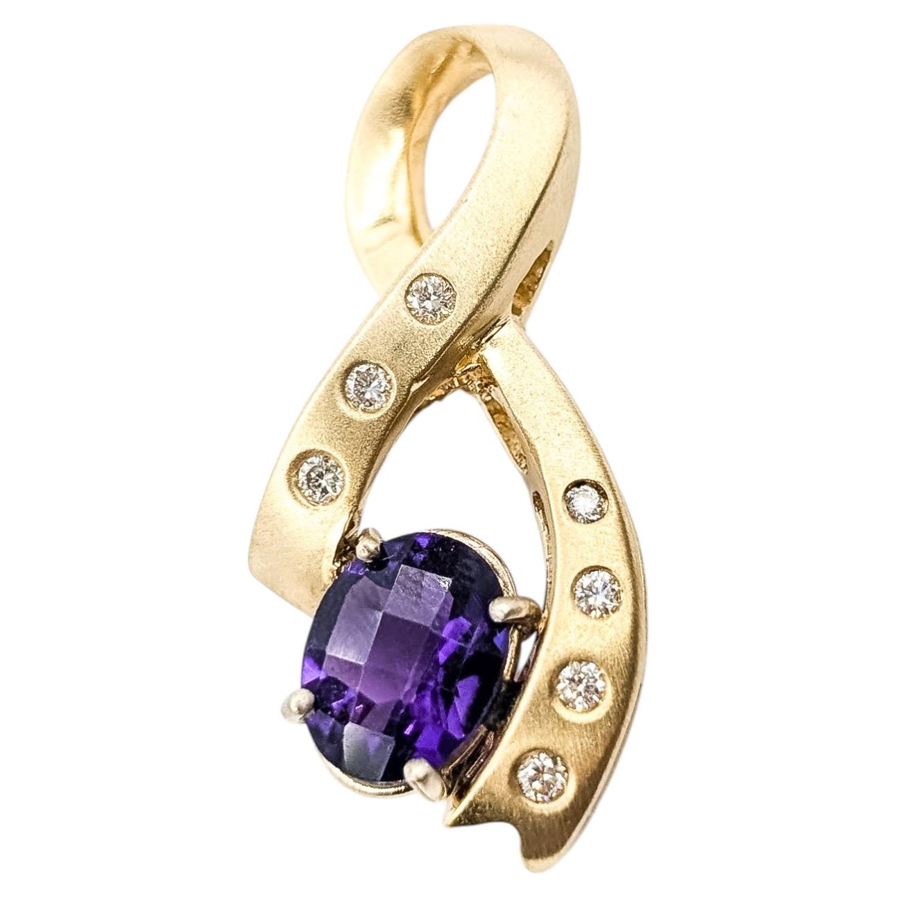 Ribbon Amethyst & Diamond Pendant in 14k Yellow Gold For Sale