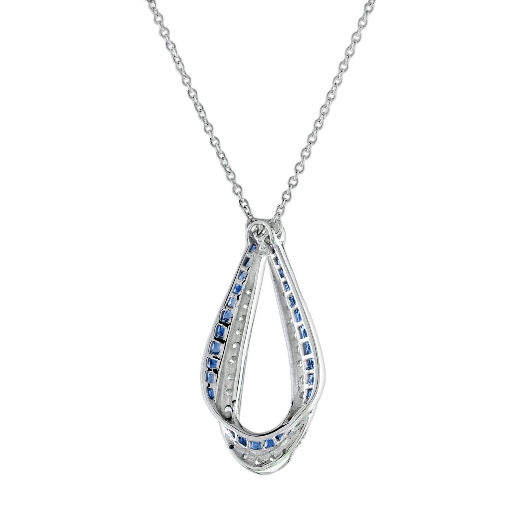 French Cut Ribbon Art Deco Style Blue Sapphire & Diamond 14K White Gold Pendant Necklace For Sale