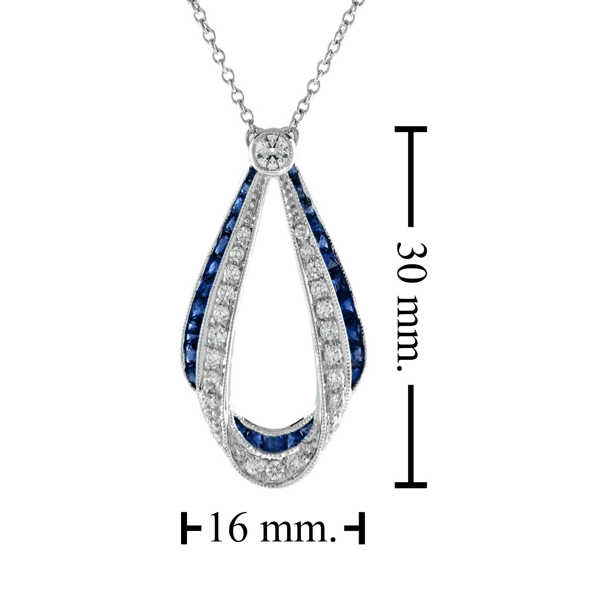Women's Ribbon Art Deco Style Blue Sapphire & Diamond 14K White Gold Pendant Necklace For Sale