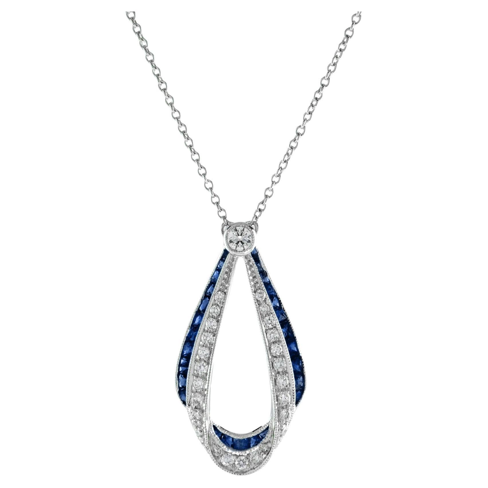 Ribbon Art Deco Style Blue Sapphire & Diamond 14K White Gold Pendant Necklace For Sale
