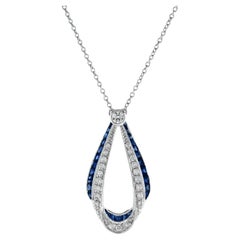 Ribbon Art Deco Style Blue Sapphire & Diamond 14K White Gold Pendant Necklace