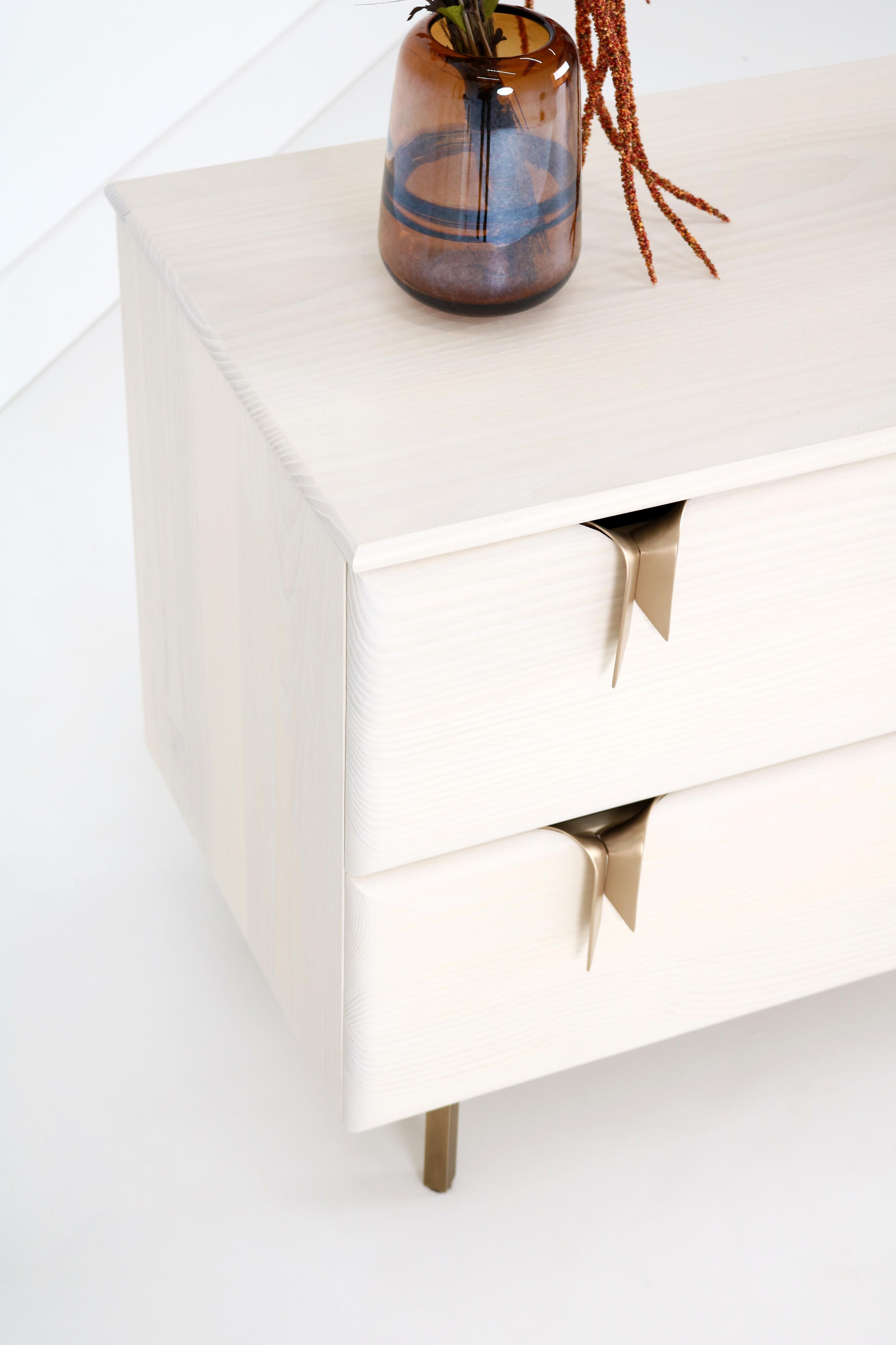 Ribbon Bedside Tables, 2 Drawer, Ivory Wood, Bronze Hardware by Debra Folz For Sale 3