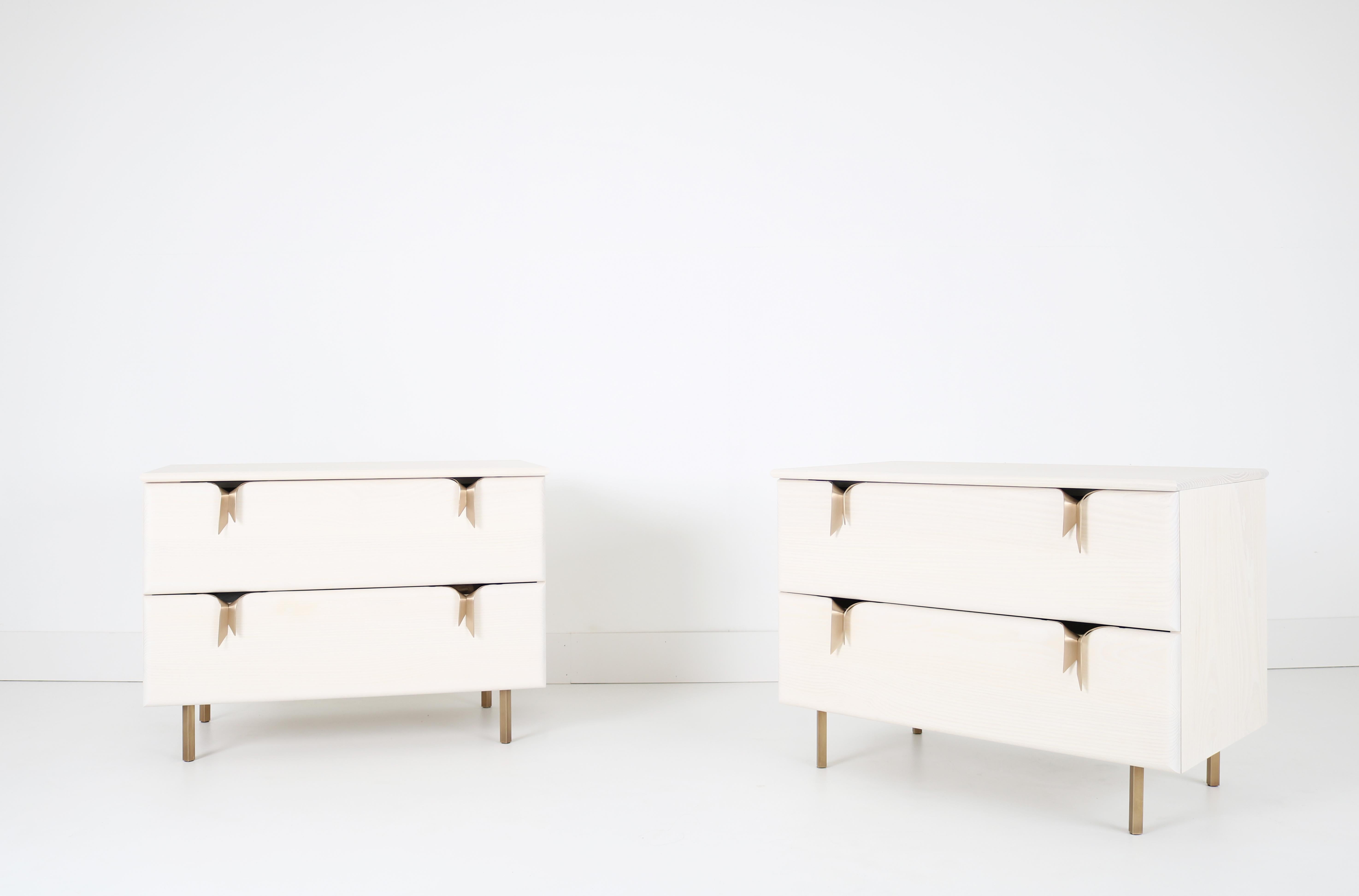 Other Ribbon Bedside Tables, 2 Drawer, Ivory Wood, Bronze Hardware by Debra Folz For Sale