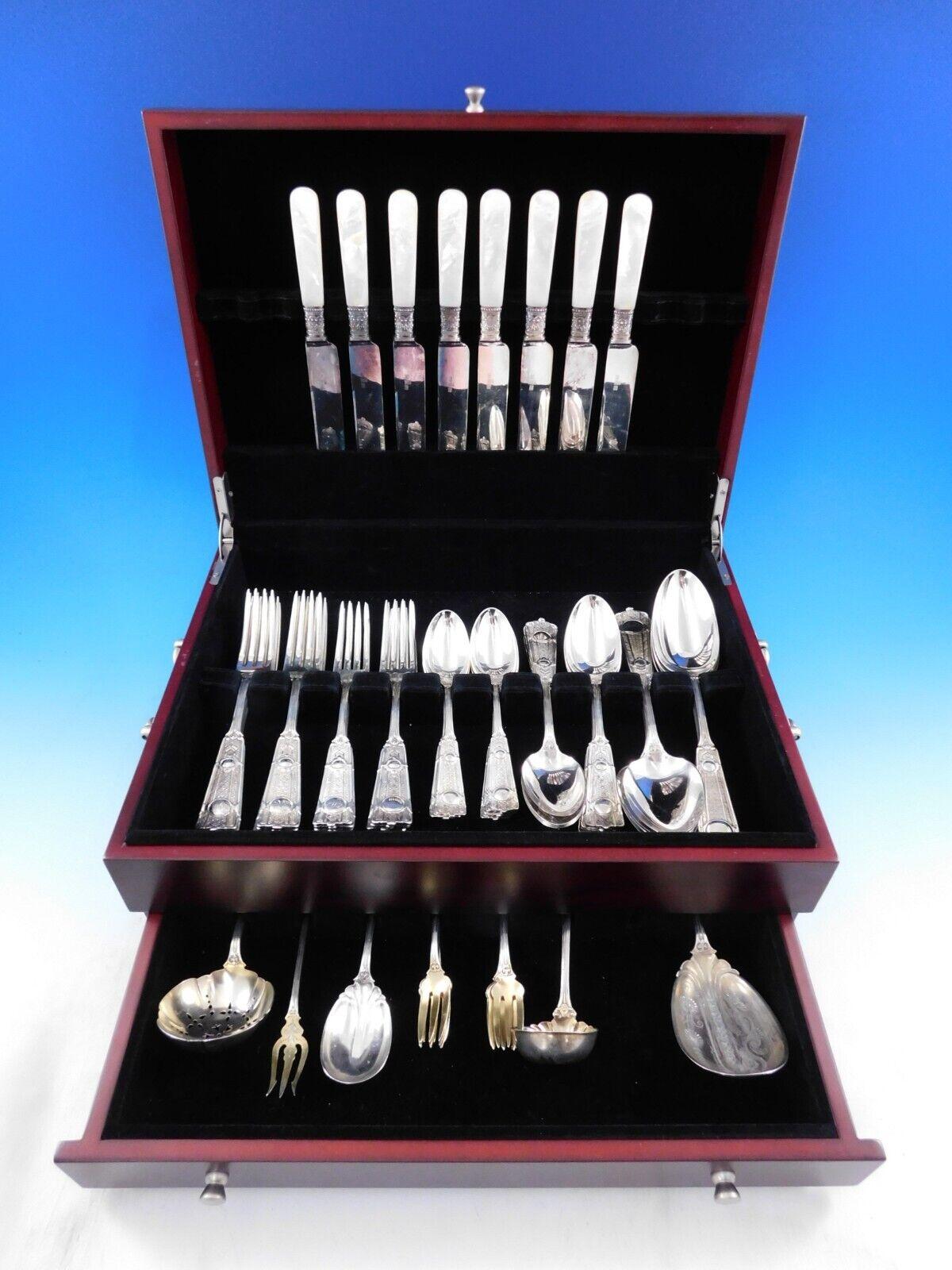 Rare Ribbon by Wendt, circa 1875, sterling silver Flatware set - 57 pieces. This set includes:

8 Knives, mother of pearl, 8 7/8