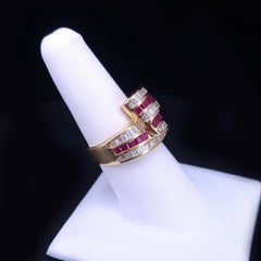 Ribbon Bypass Ring with Diamonds & Ruby in 18K Yellow Gold