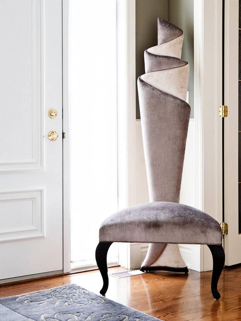 Contemporary Ribbon Chair in Solid Mahogany Wood and High Quality Fabric