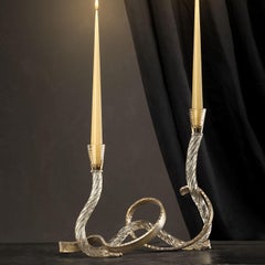 Ribbon Champagne Murano Glass and Hand-Curved Brass Candle Holder