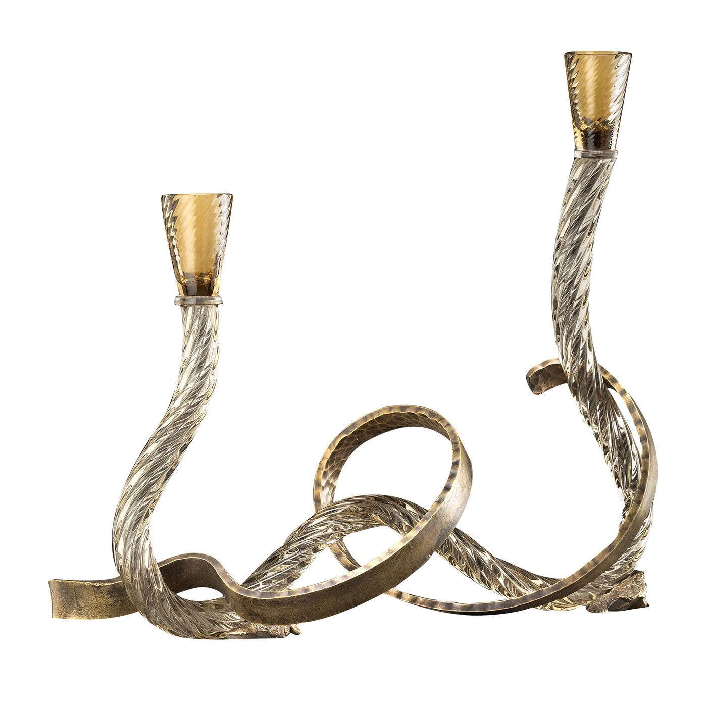 XXI secolo e contemporaneo Ribbon Champagne Murano Glass and Hand-Curved Brass Candle Holder in vendita