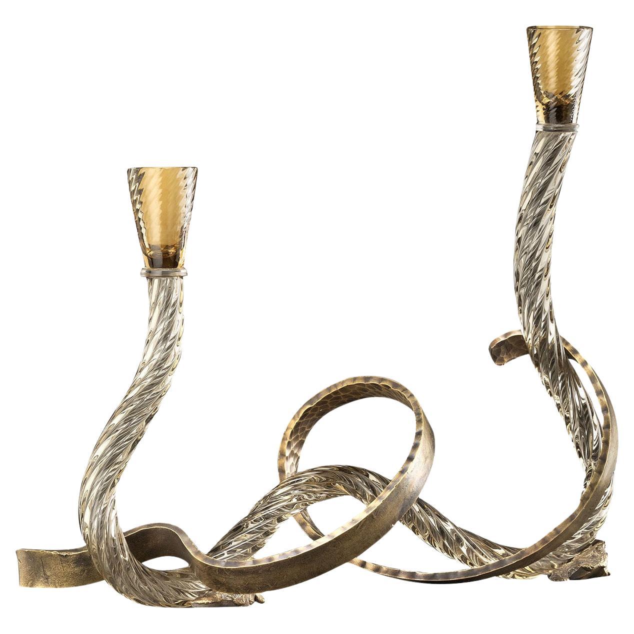 Ribbon Champagne Murano Glass and Hand-Curved Brass Candle Holder