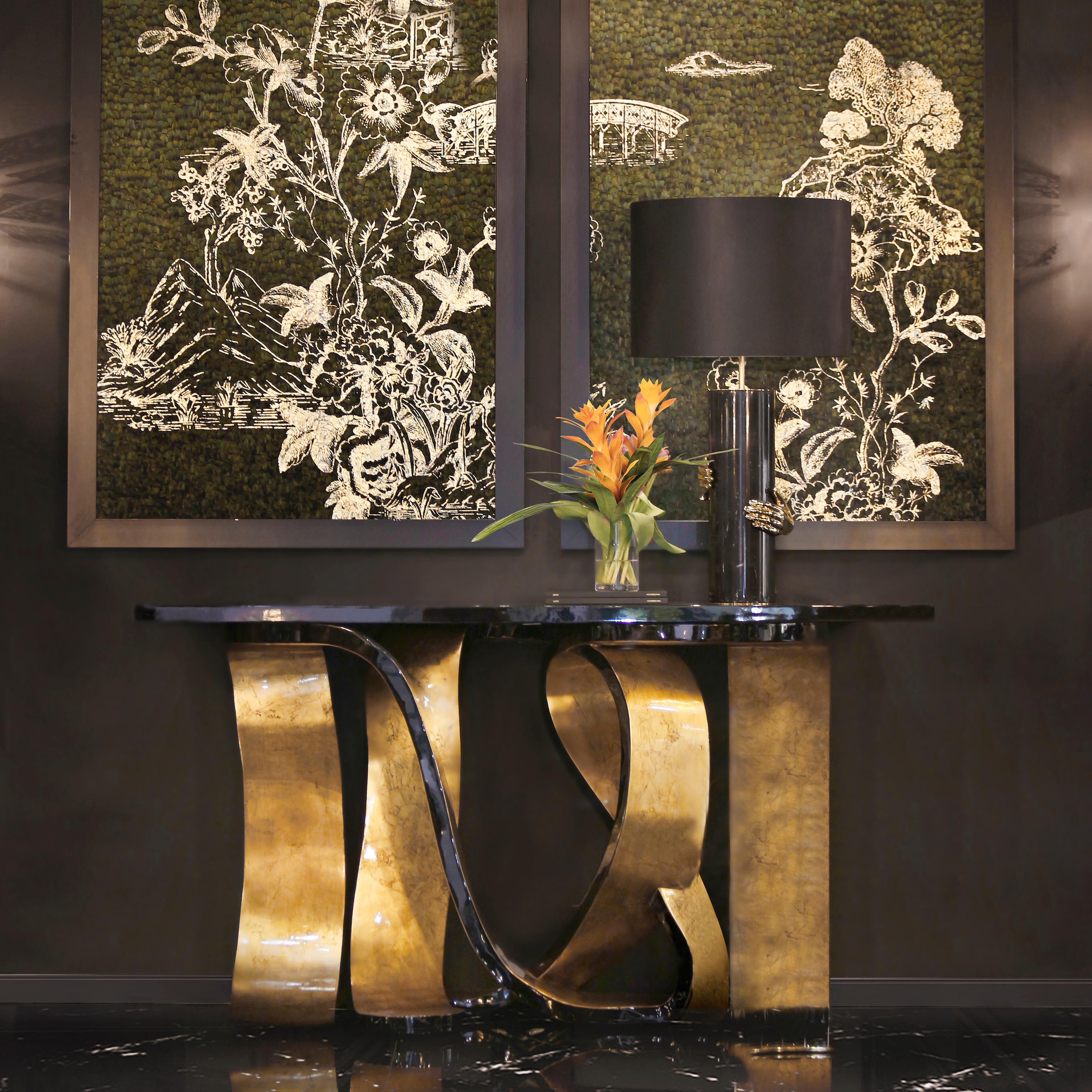 Hand-Crafted Ribbon Broken Gold Leaf Console Table For Sale