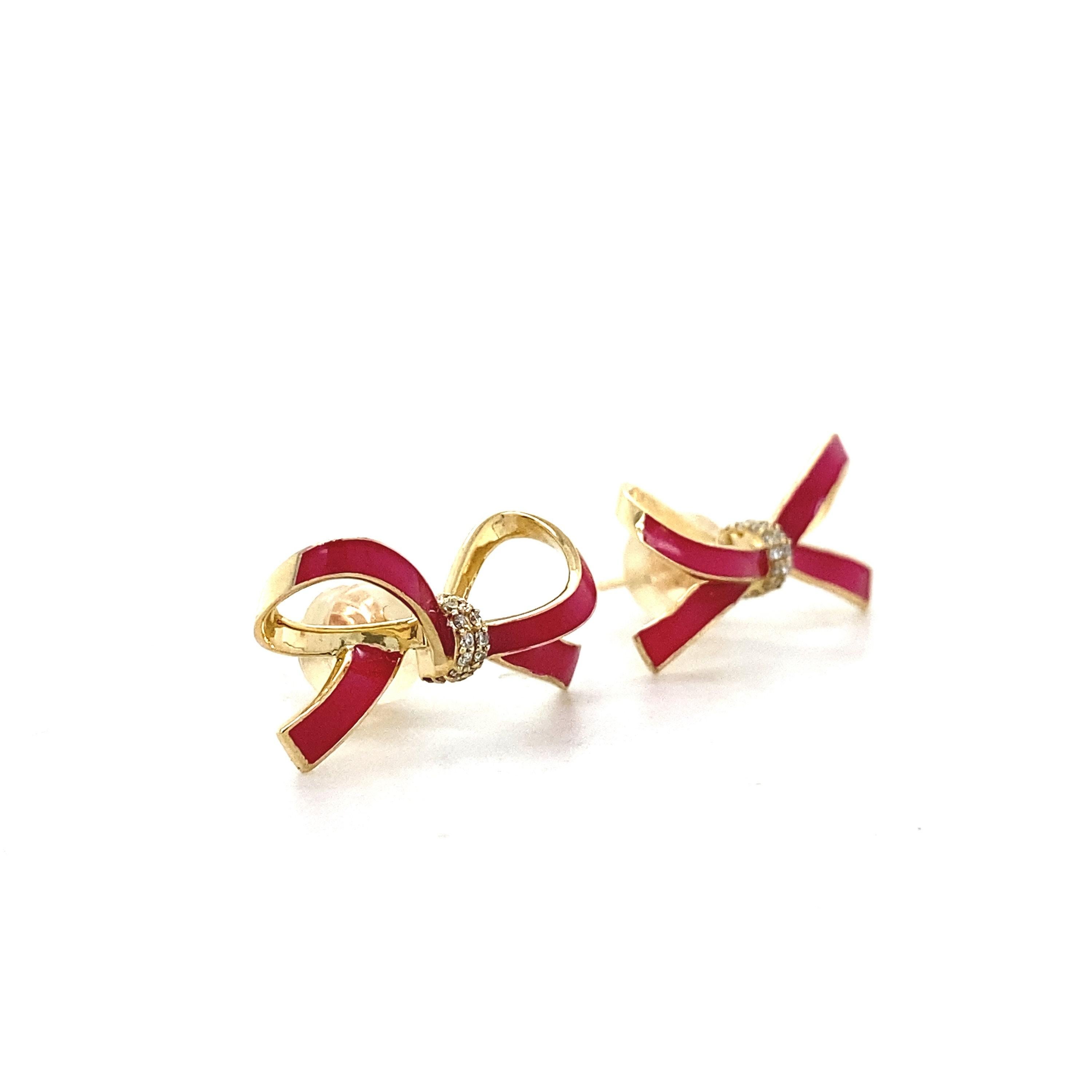 Round Cut Ribbon Diamond Stud Earrings in 14k Solid Gold (Certified) For Sale