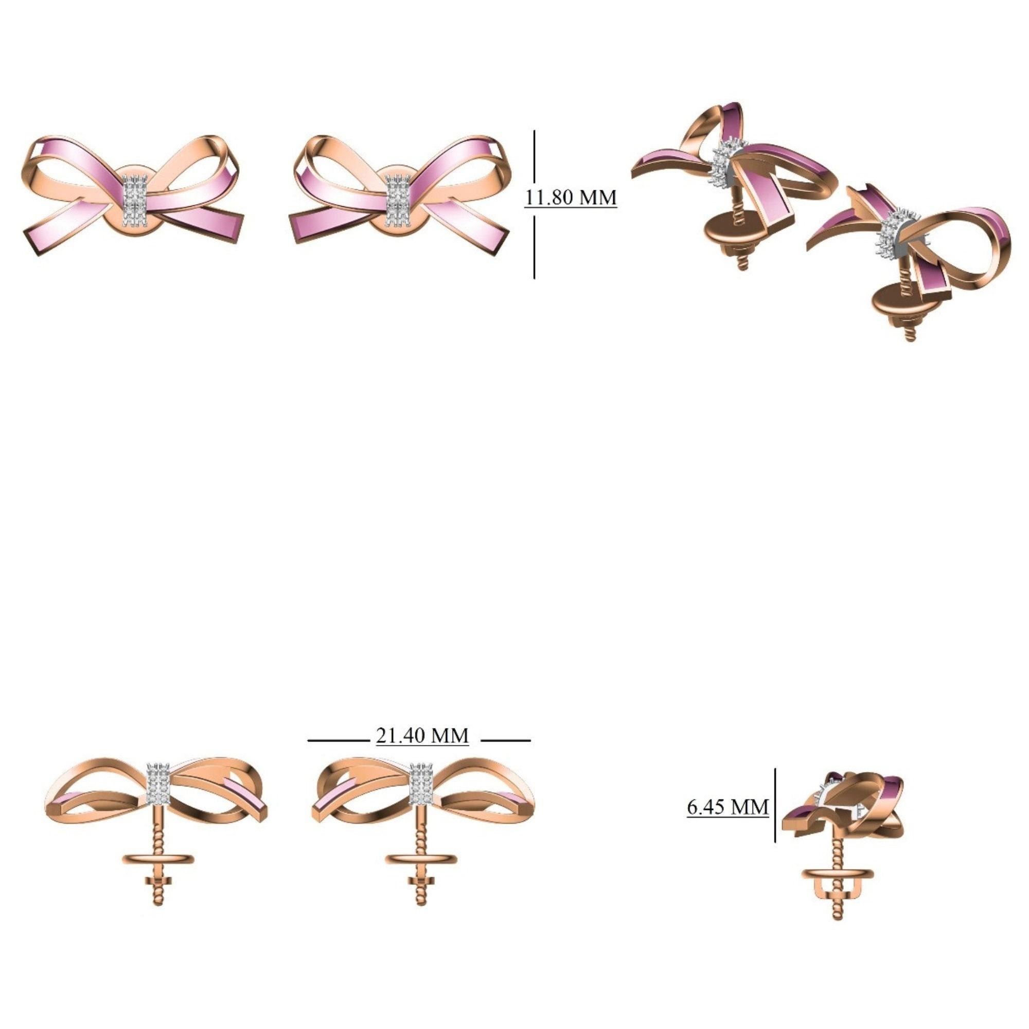 Ribbon Diamond Stud Earrings in 14k Solid Gold (Certified) For Sale 2