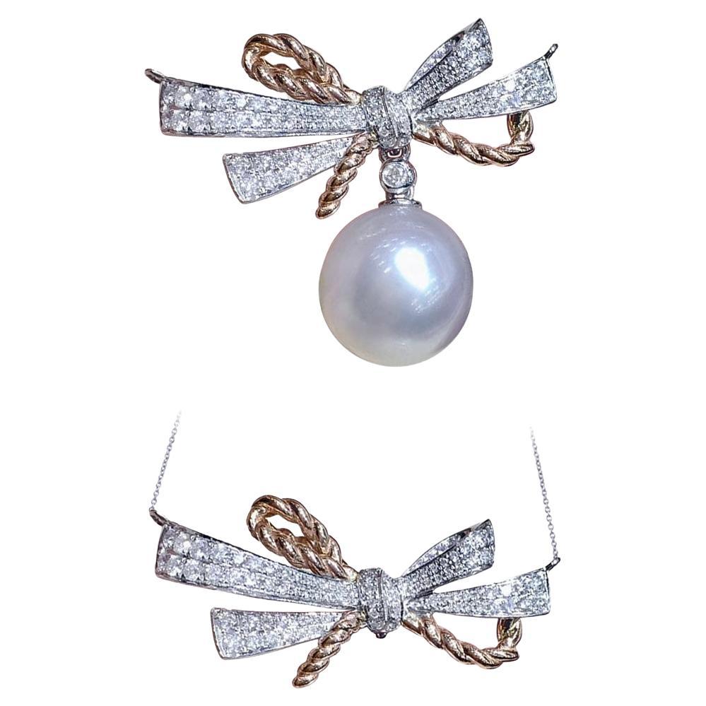 【Lustre Arc】Ribbon Grace South Sea Pearl Convertible Pendant in White & Rose Gol For Sale