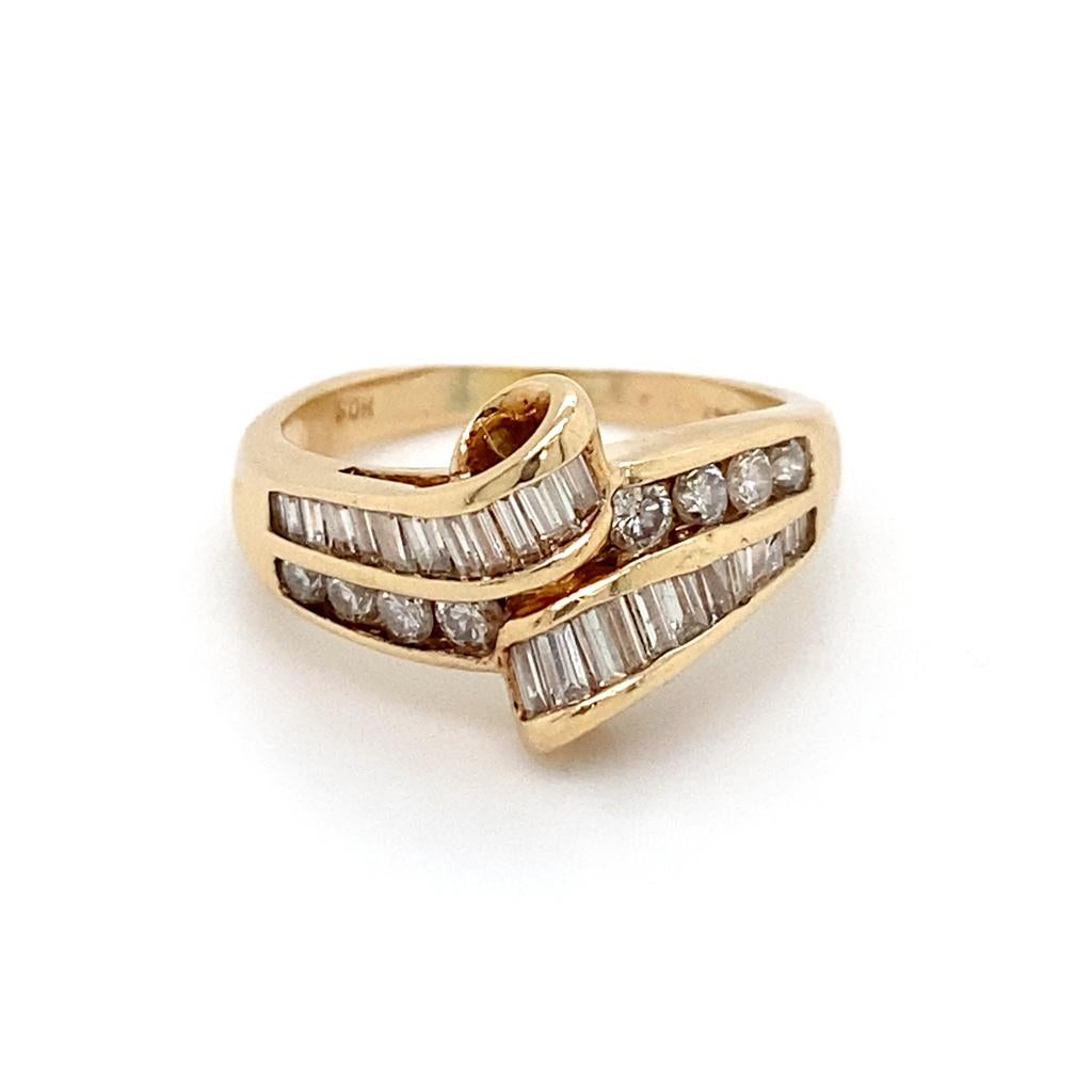 Round Cut Ribbon of Diamonds Statement Ring in 14K Gold Baguette Round Curlicue Ring For Sale