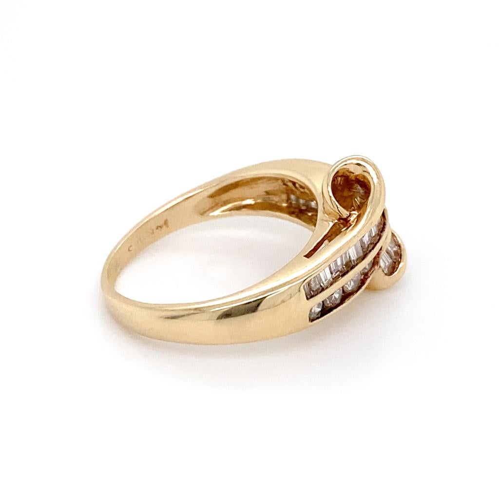 Ribbon of Diamonds Statement Ring in 14K Gold Baguette Round Curlicue Ring In Excellent Condition For Sale In Austin, TX