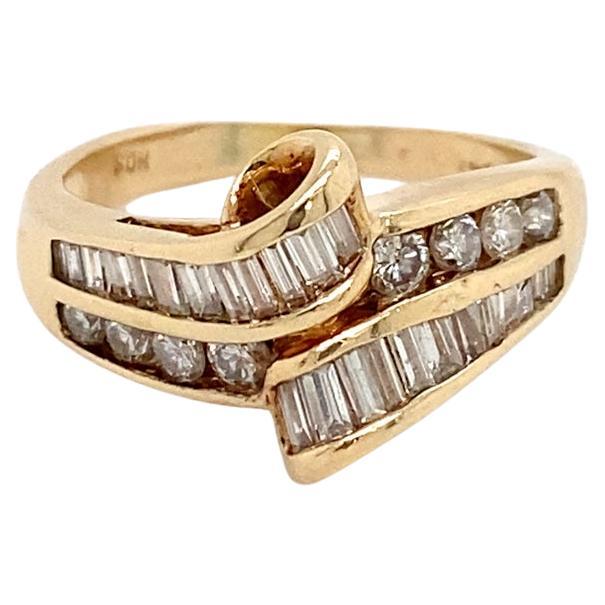 Ribbon of Diamonds Statement Ring in 14K Gold Baguette Round Curlicue Ring For Sale