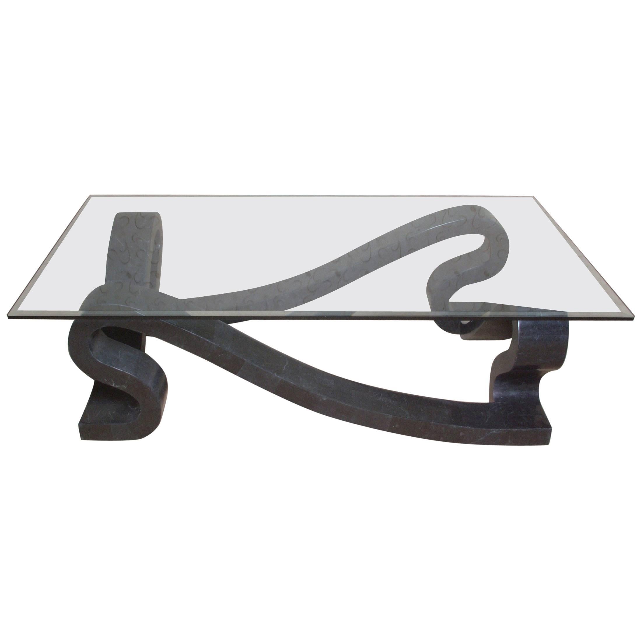 "Ribbon" Rectangular Cocktail or Coffee Table in Tessellated Black Stone