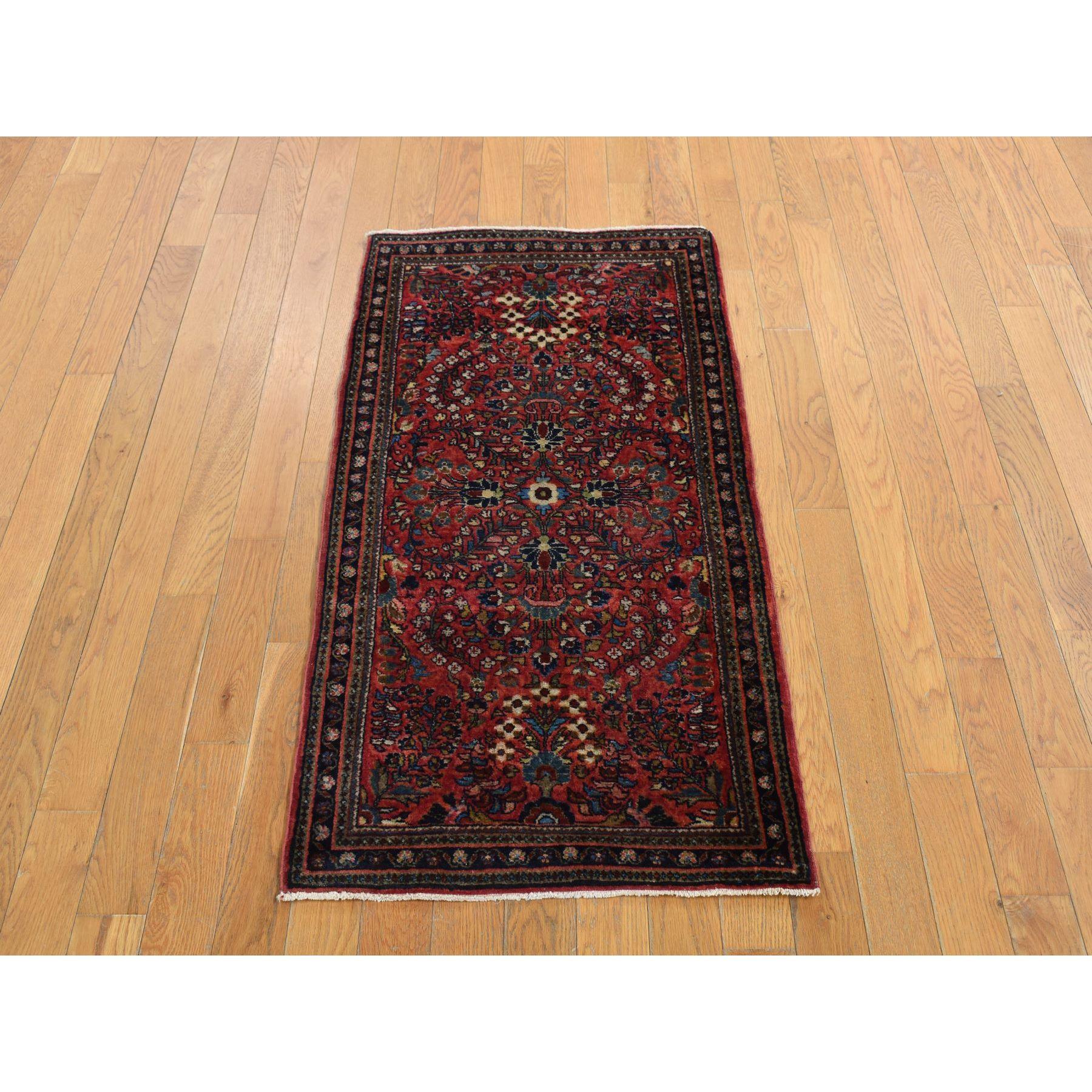 Ribbon Red Antique Persian Sarouk Clean and Soft Hand Knotted Mat Rug 2'1