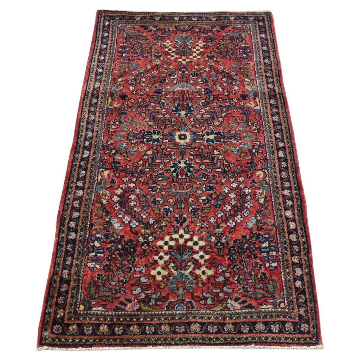 Ribbon Red Antique Persian Sarouk Clean and Soft Hand Knotsted Mat Rug 2'1 "x4'1"