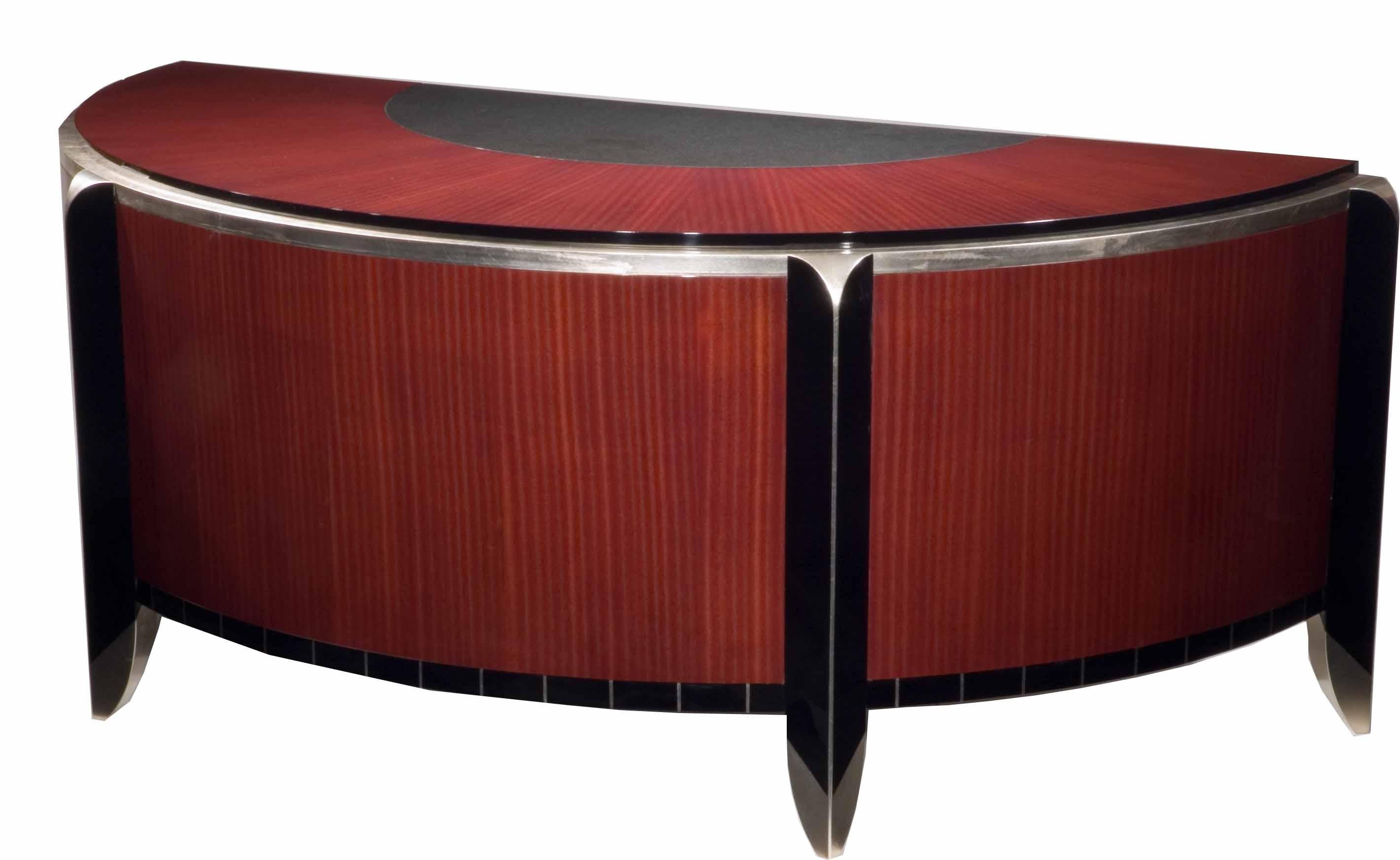 Art Deco Ribbon Sapele Cello Executive Desk with Silver Leaf and Black Granite For Sale