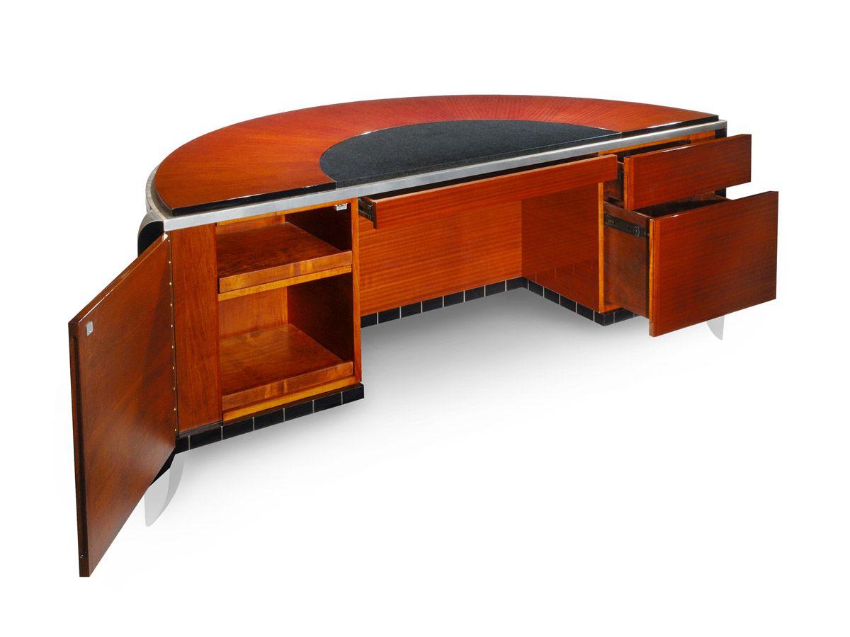American Ribbon Sapele Cello Executive Desk with Silver Leaf and Black Granite For Sale