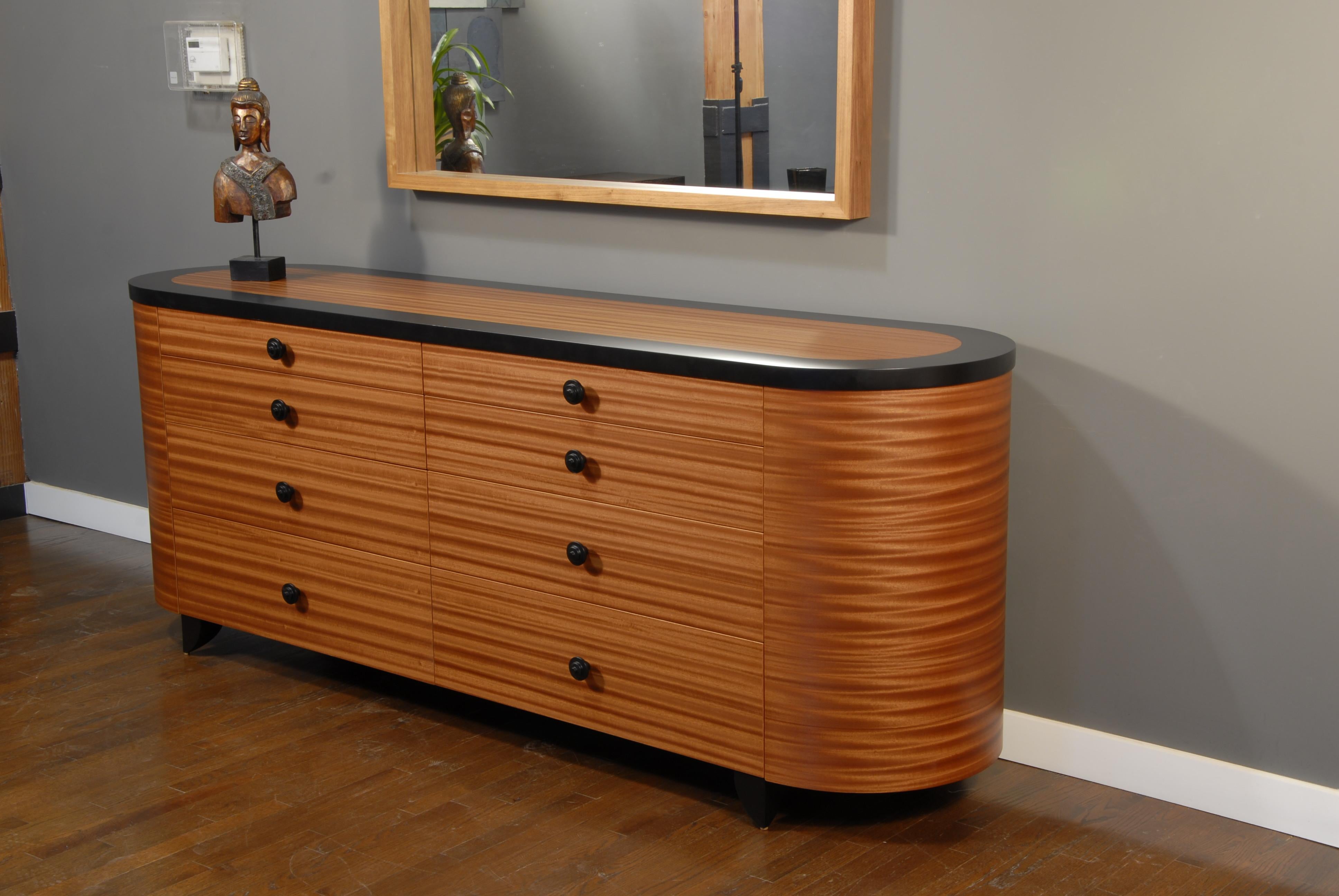 Art Deco Ribbon Sapeli Elysia Dresser / Chest of Drawers with Black Detailing For Sale