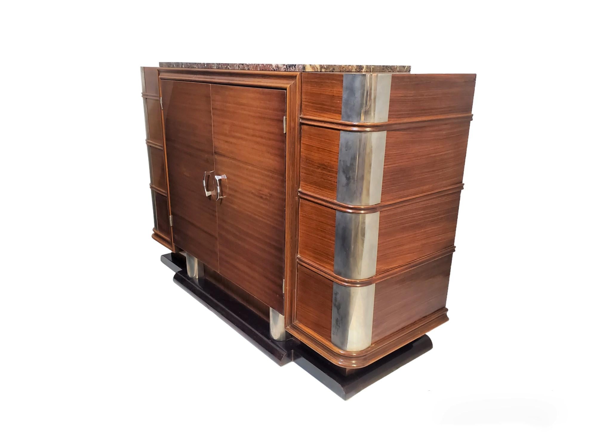 20th Century Ribbon stripe mahogany French Art Deco cabinet w/ nickel mounts