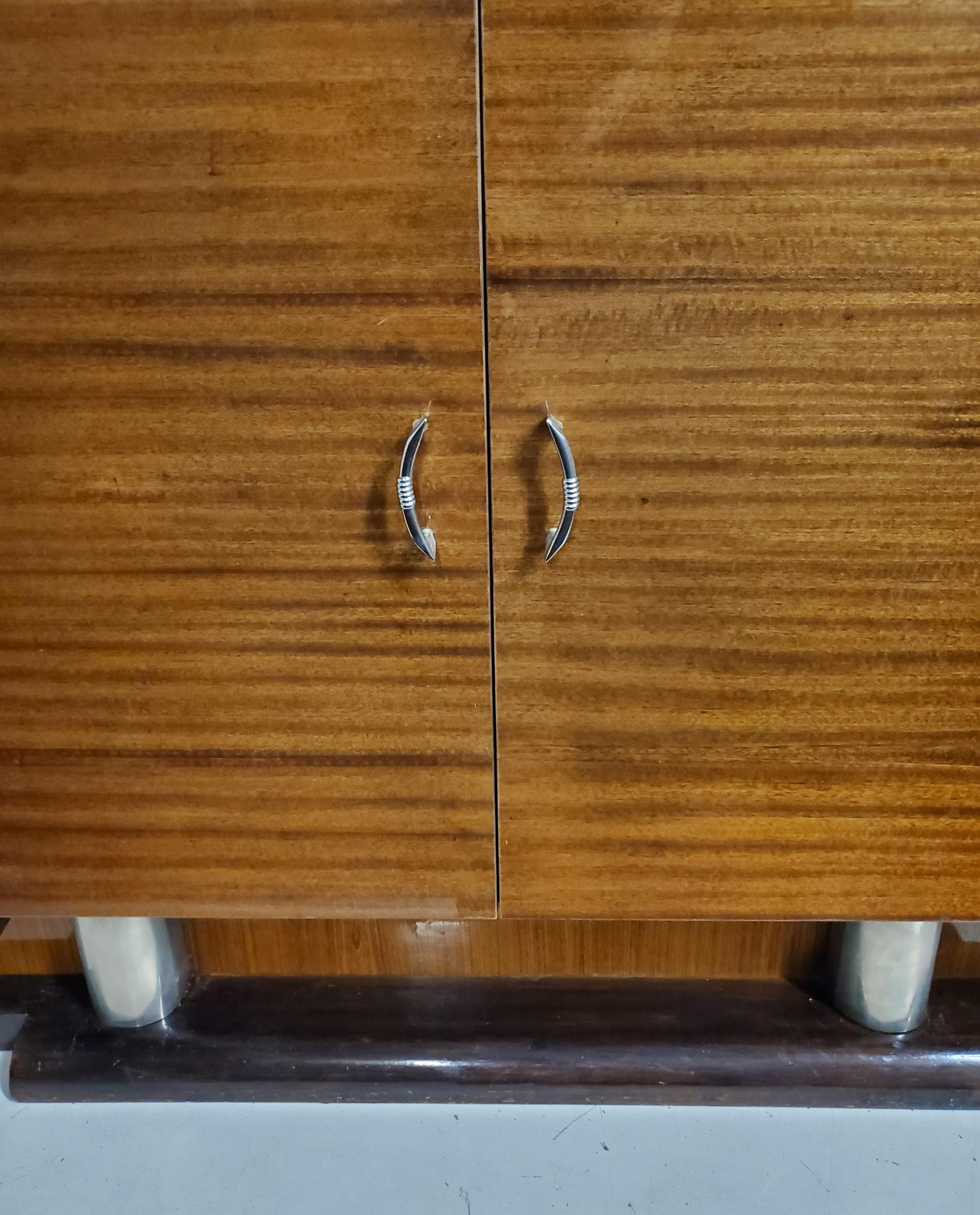 Nickel Ribbon stripe mahogany French Art Deco cabinet w/ nickel mounts