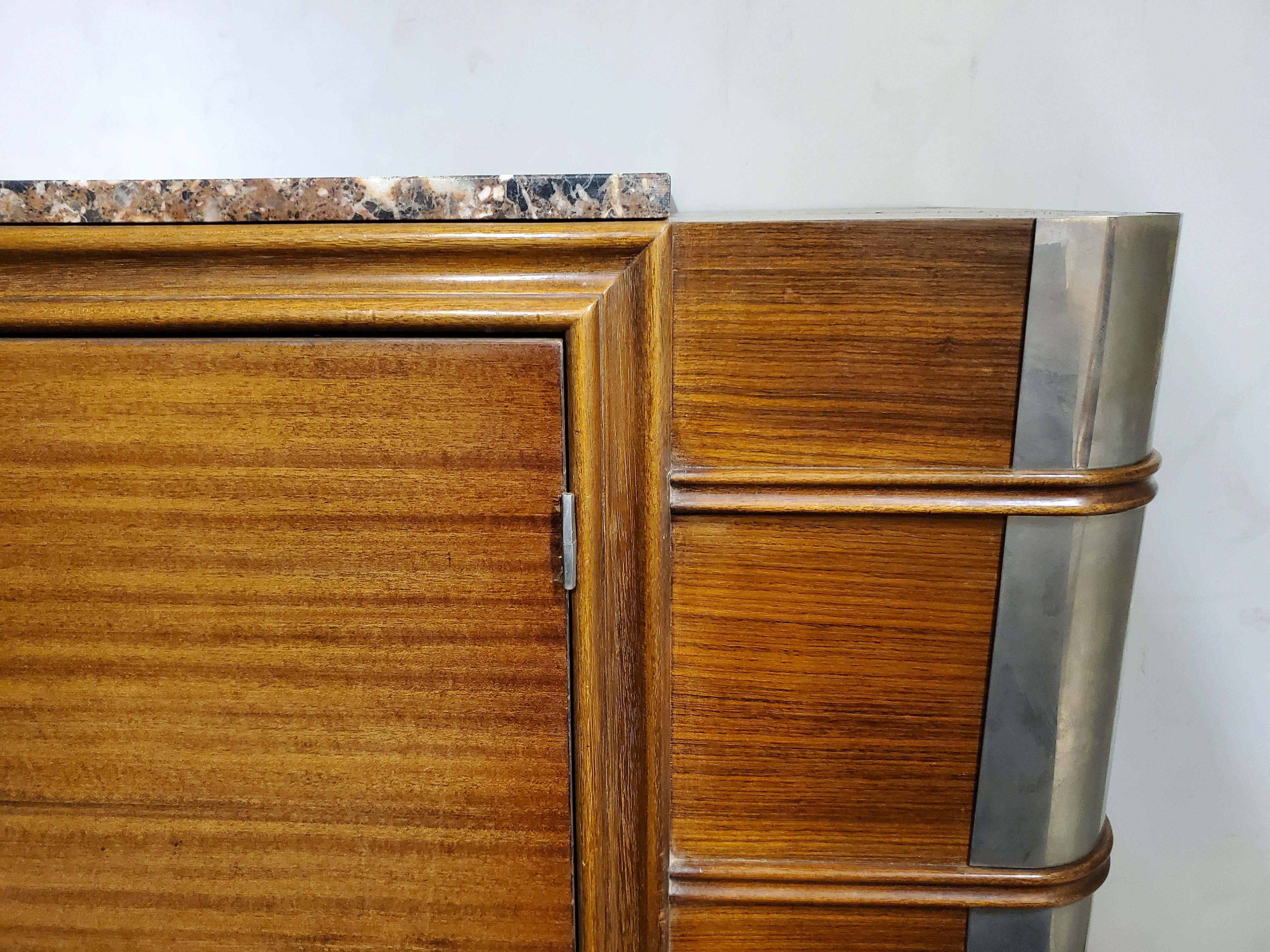 Ribbon stripe mahogany French Art Deco cabinet w/ nickel mounts 1