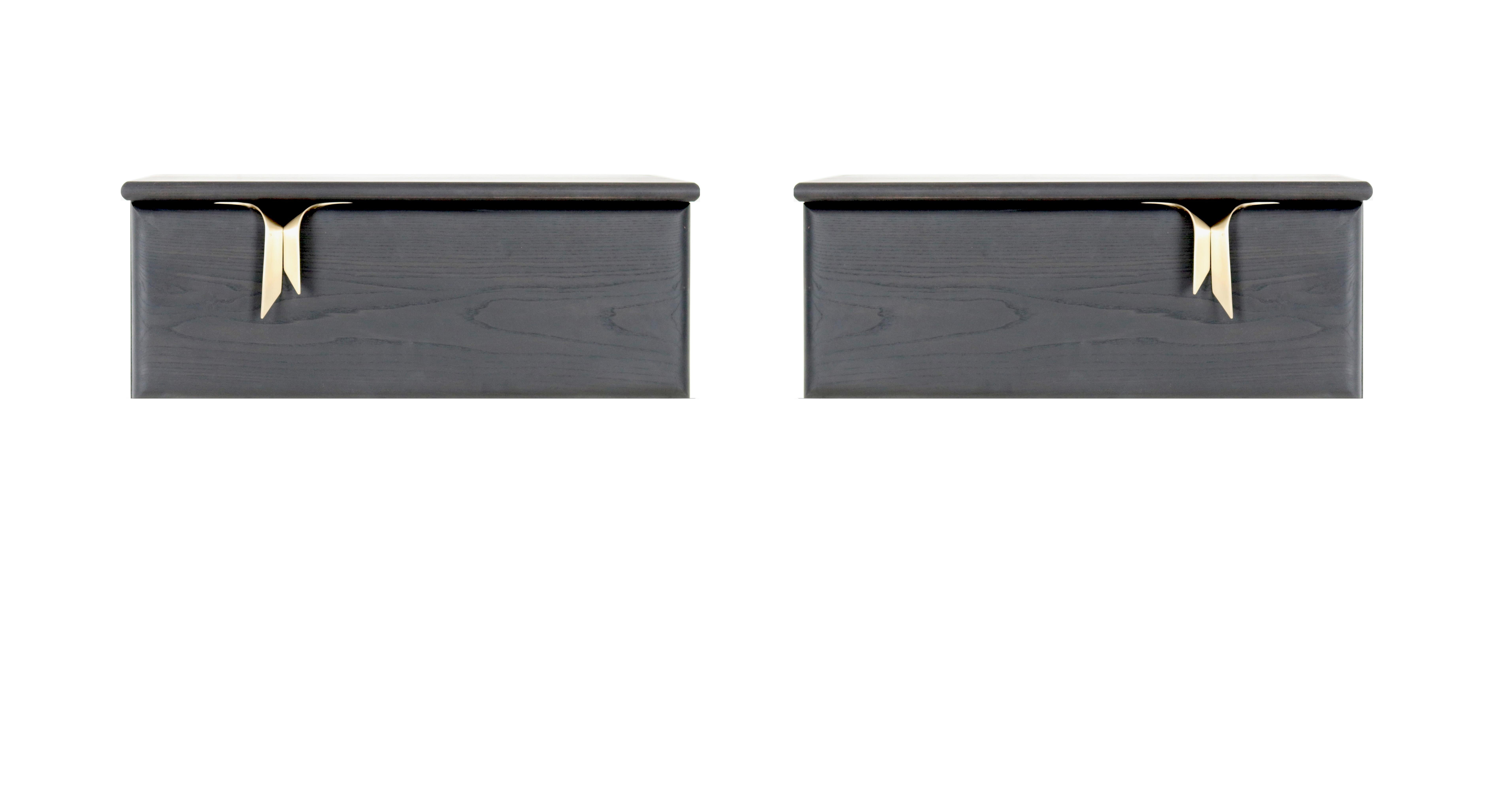 Cast Ribbon Wall-Mounted 1DR Bedside Table, Black Wood-Bronze Hardware by Debra Folz For Sale