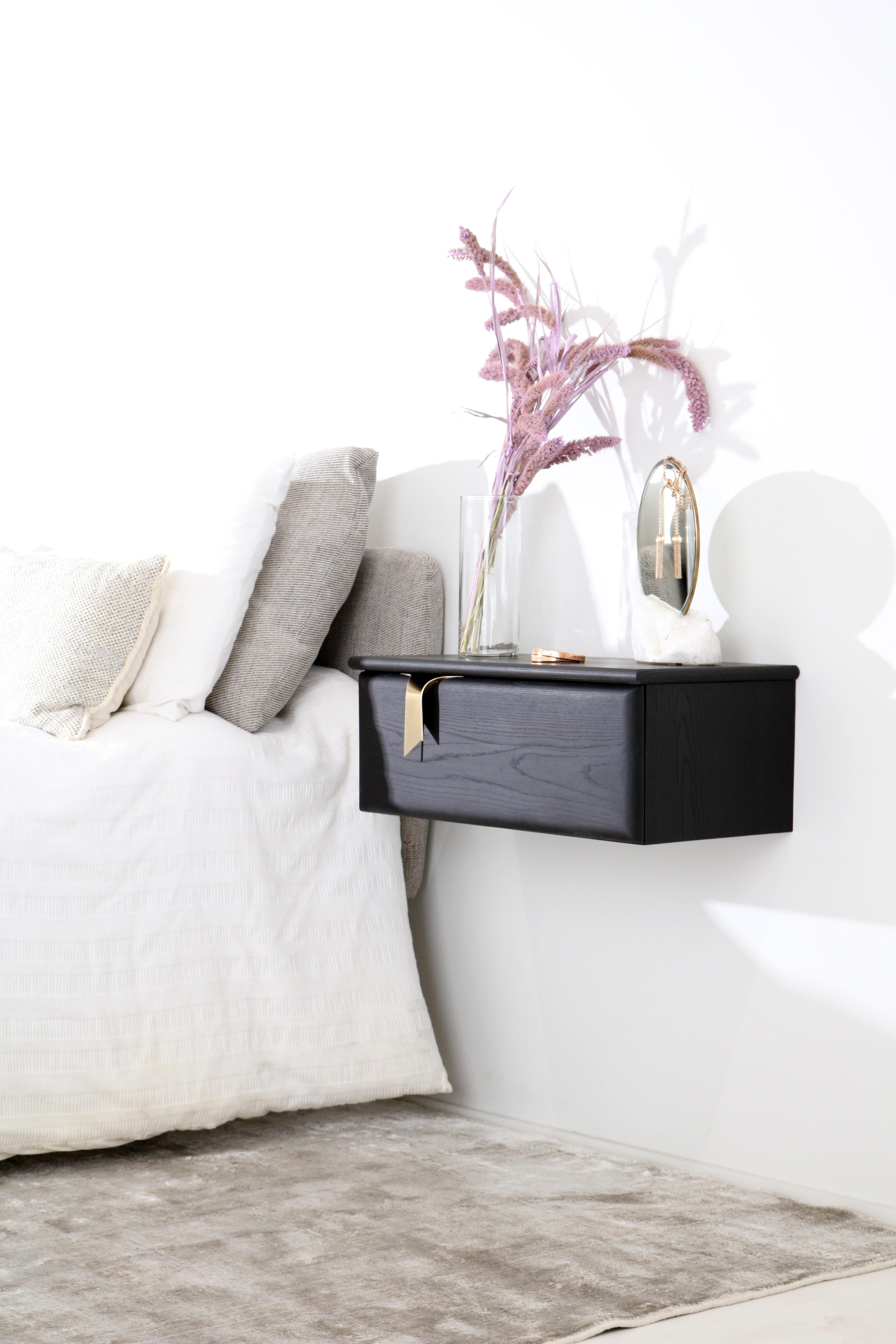 Ribbon Wall-Mounted 1DR Bedside Table, Black Wood-Bronze Hardware by Debra Folz In New Condition For Sale In Pawtucket, RI