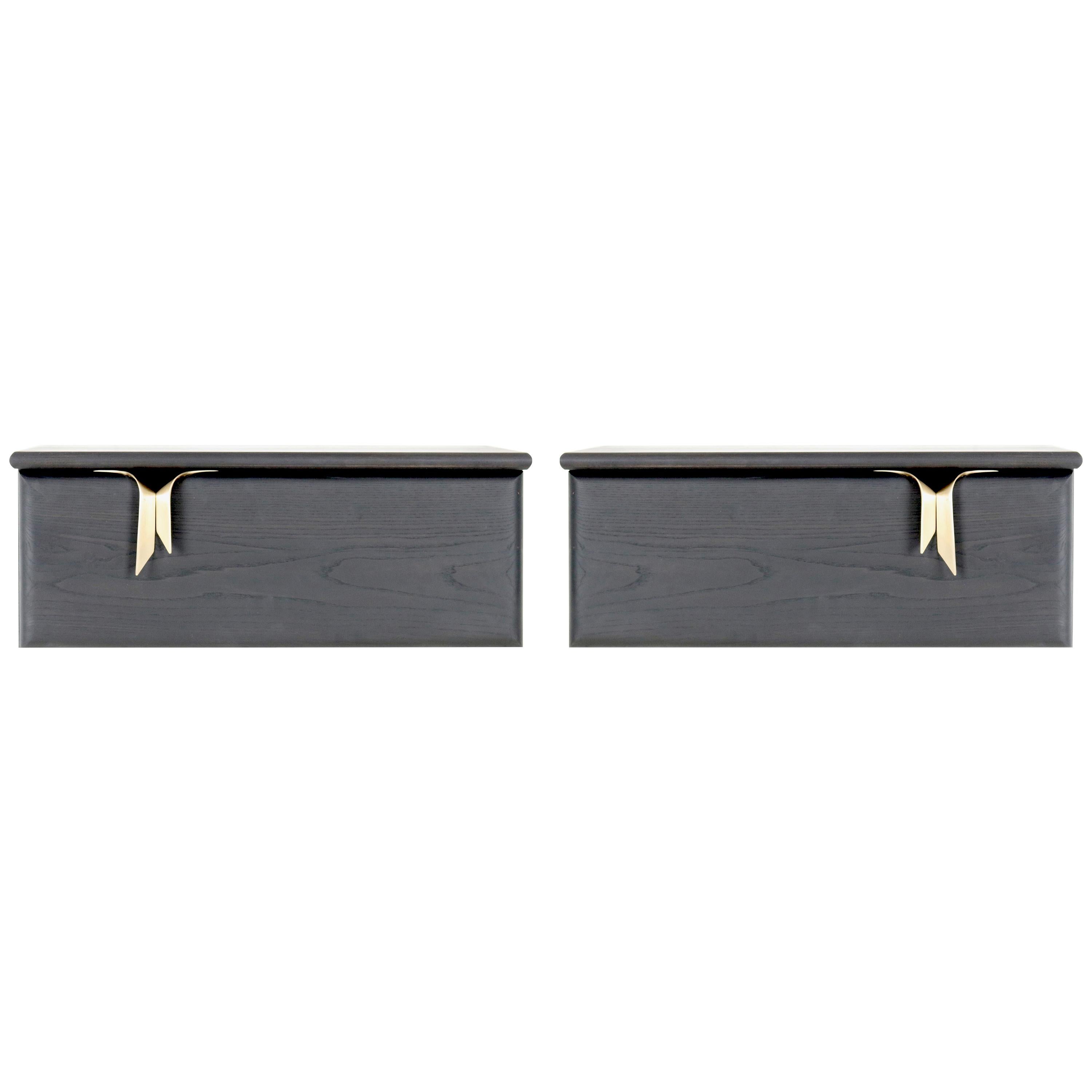 Ribbon Wall Mounted 1DR Bedside Table, Black Wood-Bronze Hardware by Debra Folz