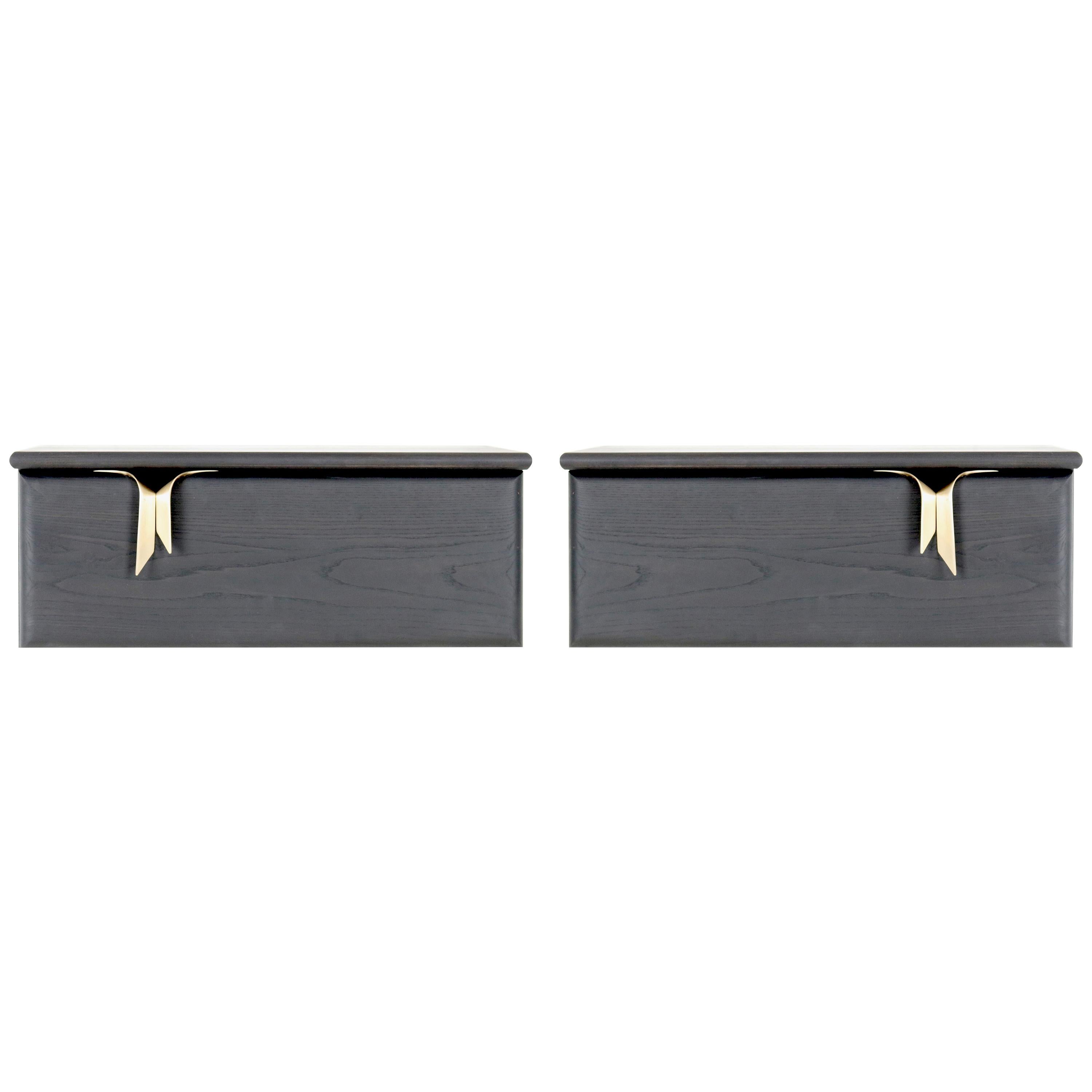 Ribbon Wall Mounted 1DR Bedside Table, Black Wood-Bronze Hardware by Debra Folz