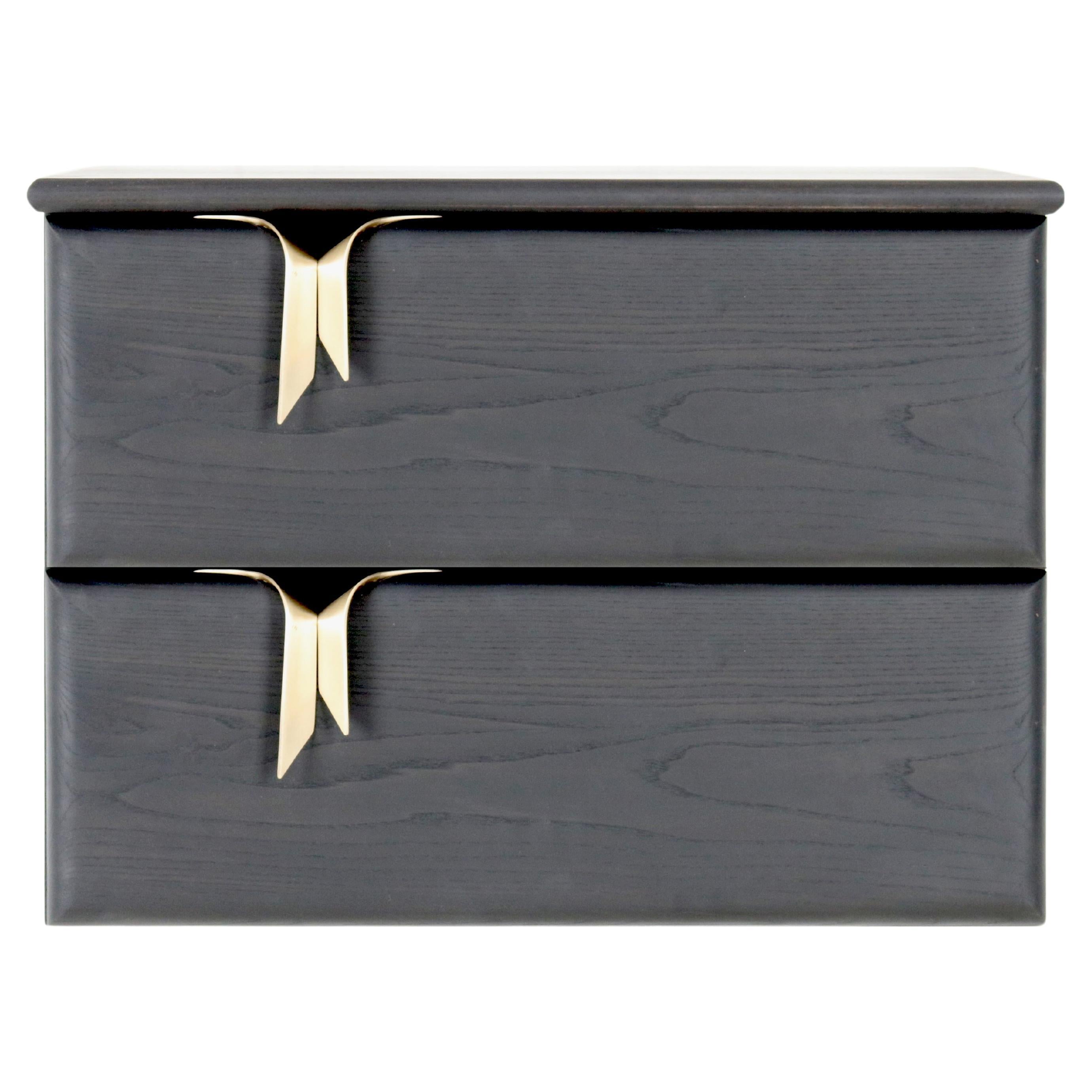 Ribbon Wall Mounted 2DR Bedside Table, Black Wood, Bronze Hardware by Debra Folz