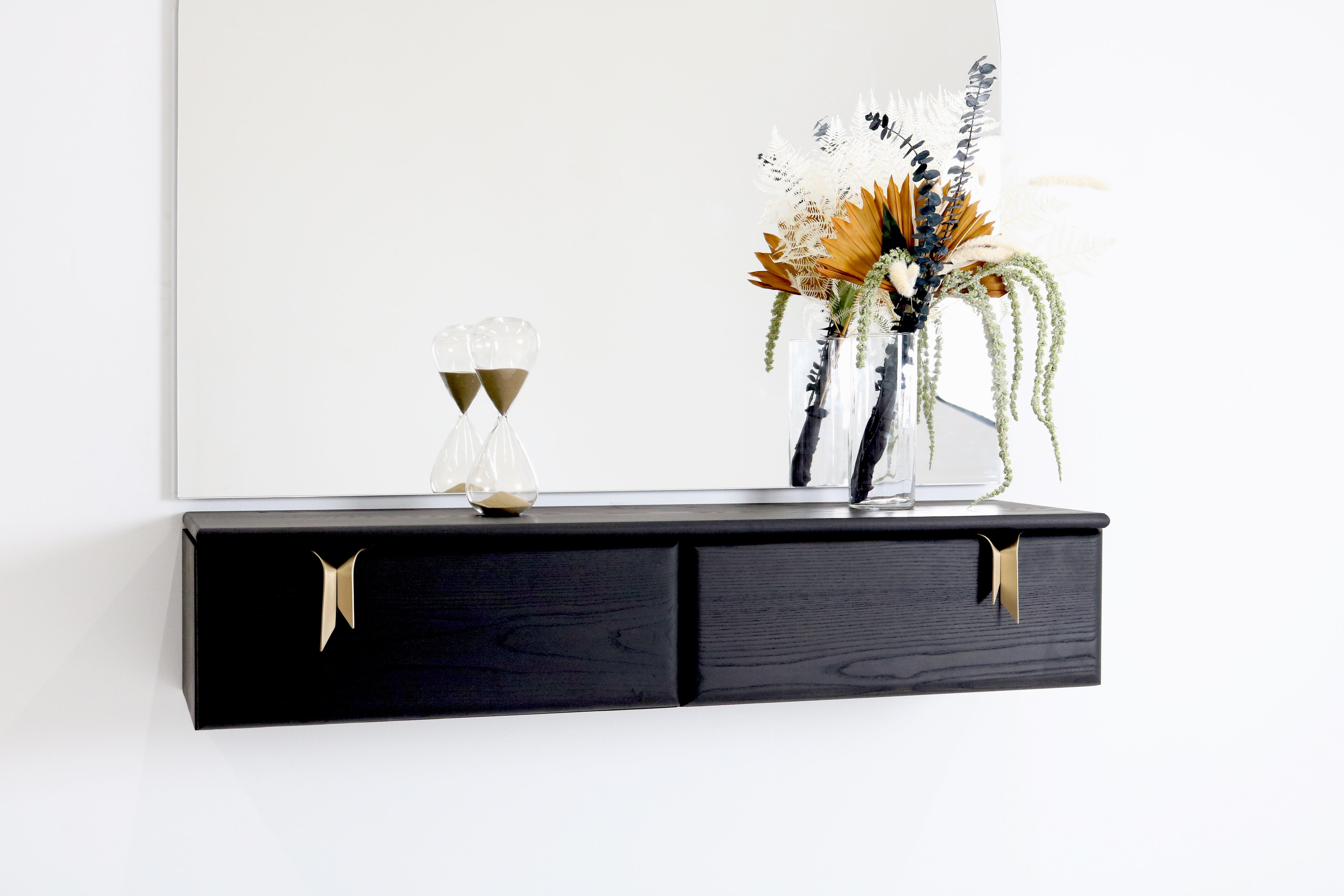 Wall Mounted Console, Black Ash Wood & Bronze Ribbon Hardware by Debra Folz For Sale 2