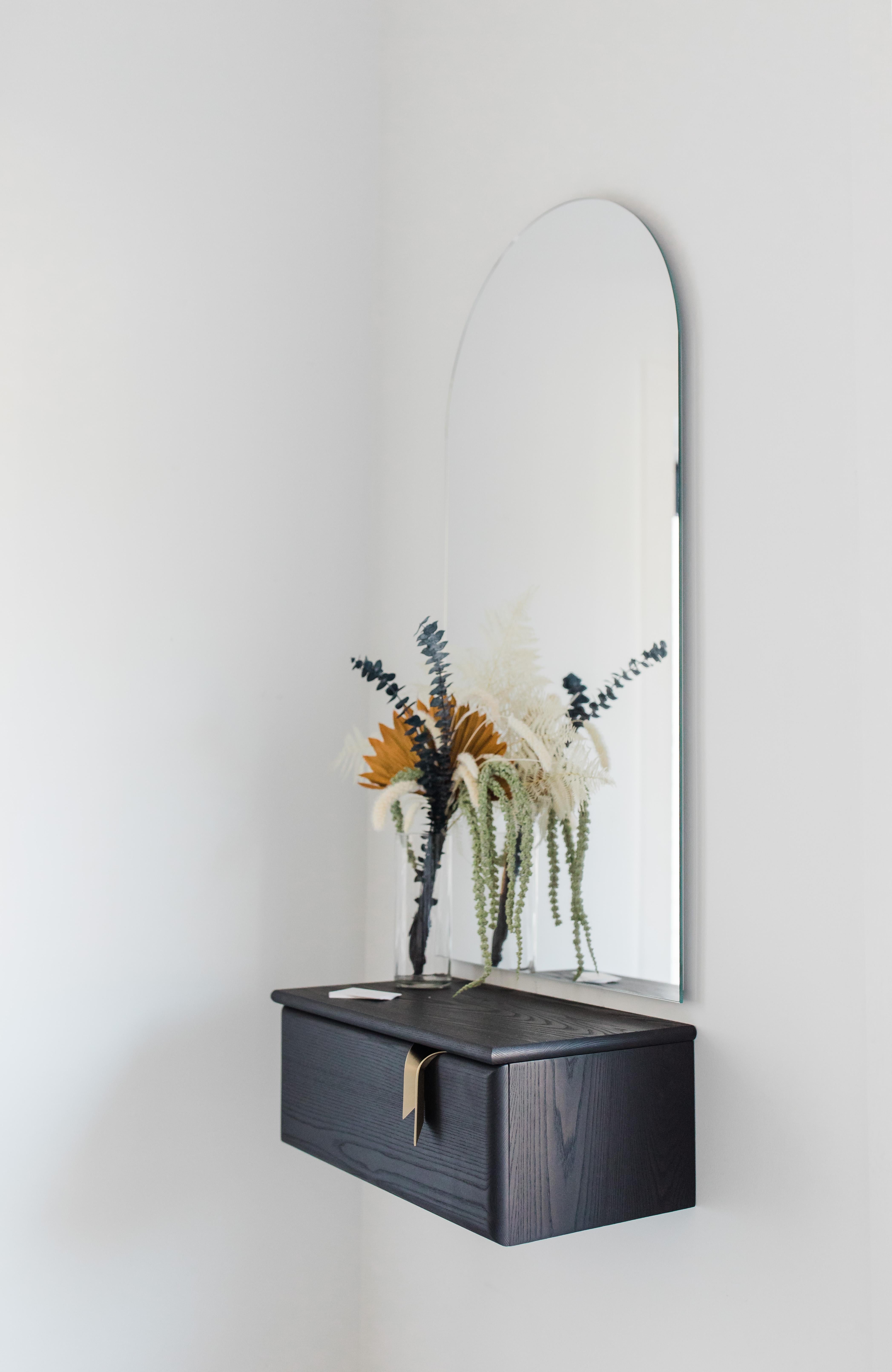 Contemporary Ribbon Wall-Mounted Console & Mirror, Black Wood, Bronze Hardware by Debra Folz For Sale