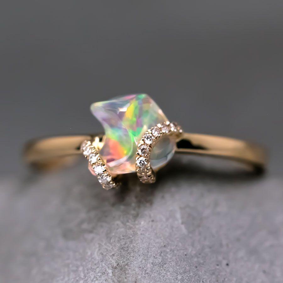 Artist Ribbon Wrap Design Mexican Fire Opal Diamond Engagement Ring 18K Yellow Gold For Sale