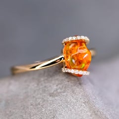 Ribbon Wrap Design Mexican Fire Opal Diamond Engagement Ring 18K Yellow Gold