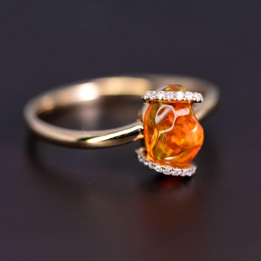 Ribbon Wrap Fire Opal Diamond Engagement Wedding Ring 18K Yellow Gold (Brillantschliff) im Angebot
