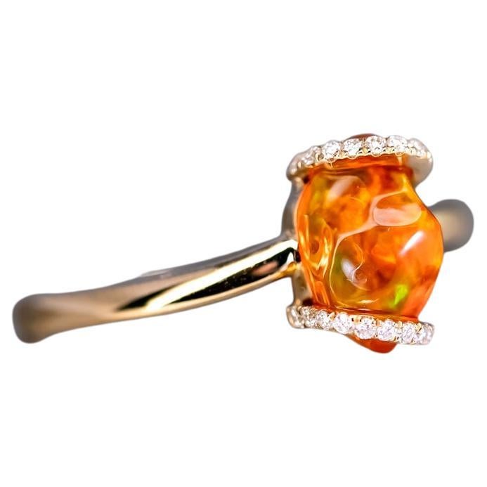 Ribbon Wrap Fire Opal Diamond Engagement Wedding Ring 18K Yellow Gold