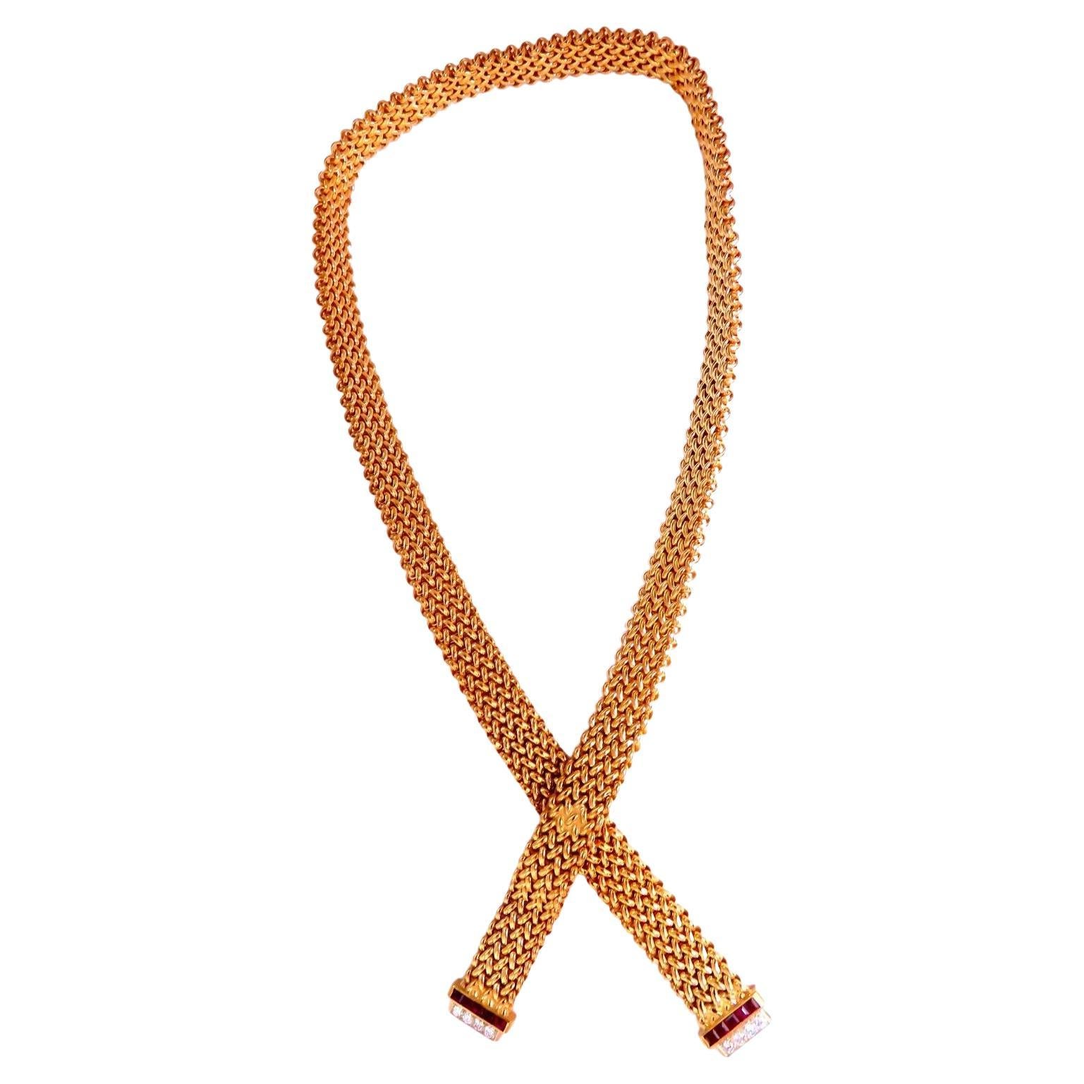Schleifenband Wickel Schwere Kette mit acht Kabeln Glieder Rubin Diamant Halskette 14k 105 Gramm im Angebot