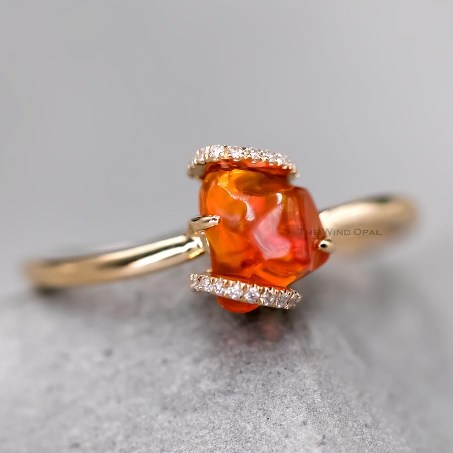 Arts and Crafts Ribbon Wrap Mexican Fire Opal Diamond Engagement Ring For Sale