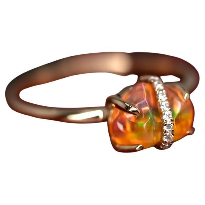 Ribbon Wrapped Fire Opal Diamond Engagement Ring 18K Yellow Gold