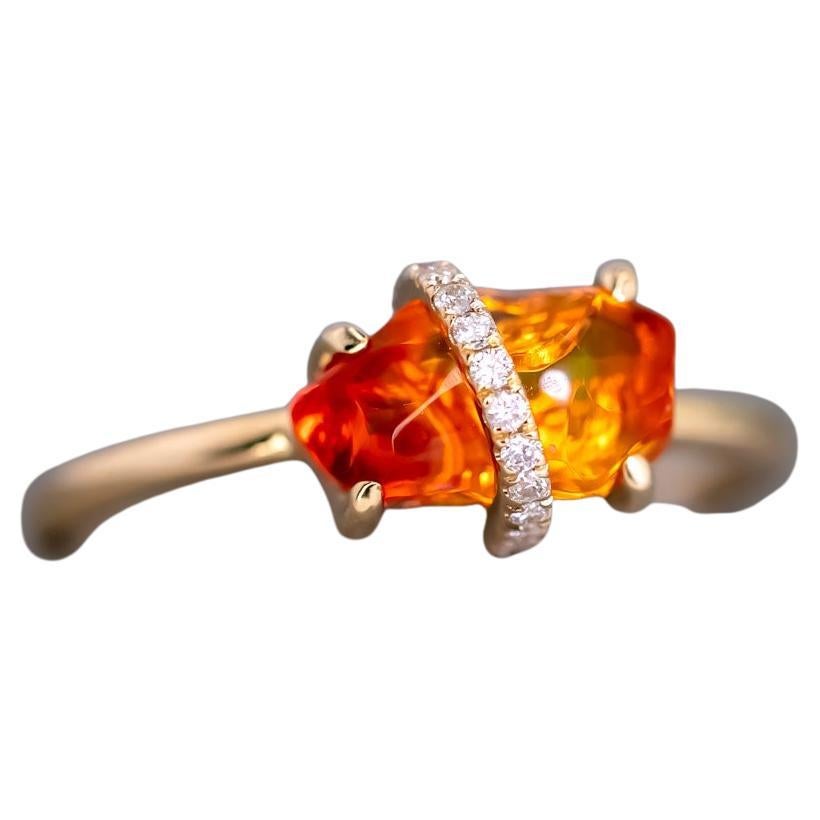 Ribbon Wrapped Mexican Fire Opal Diamond Engagement Ring 18K Yellow Gold