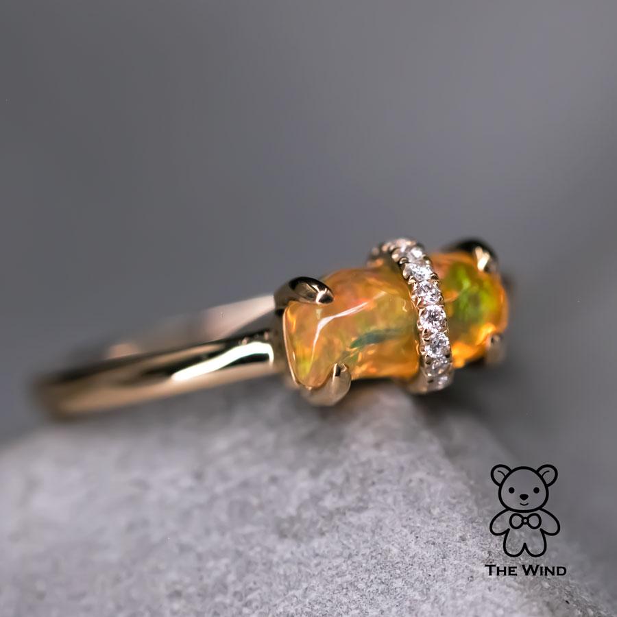 Brilliant Cut Ribbon Wrapped Mexican Fire Opal Diamond Engagement Wedding Ring 18K For Sale