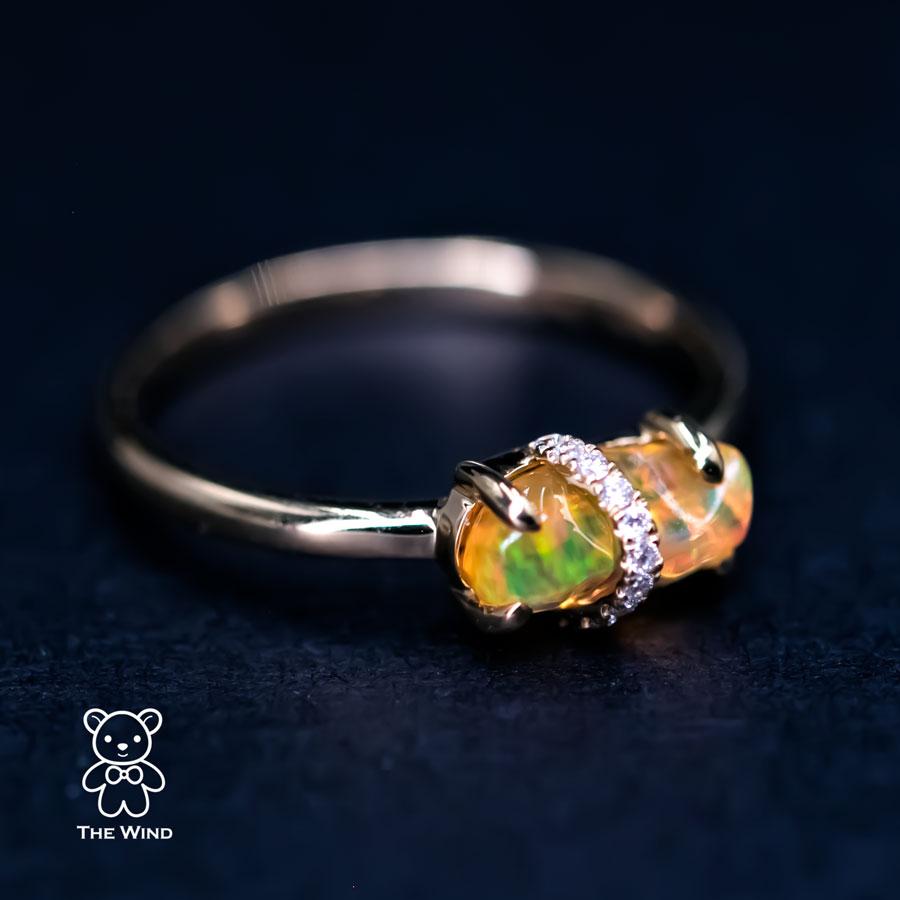 Ribbon Wrapped Mexican Fire Opal Diamond Engagement Wedding Ring 18K In New Condition For Sale In Suwanee, GA