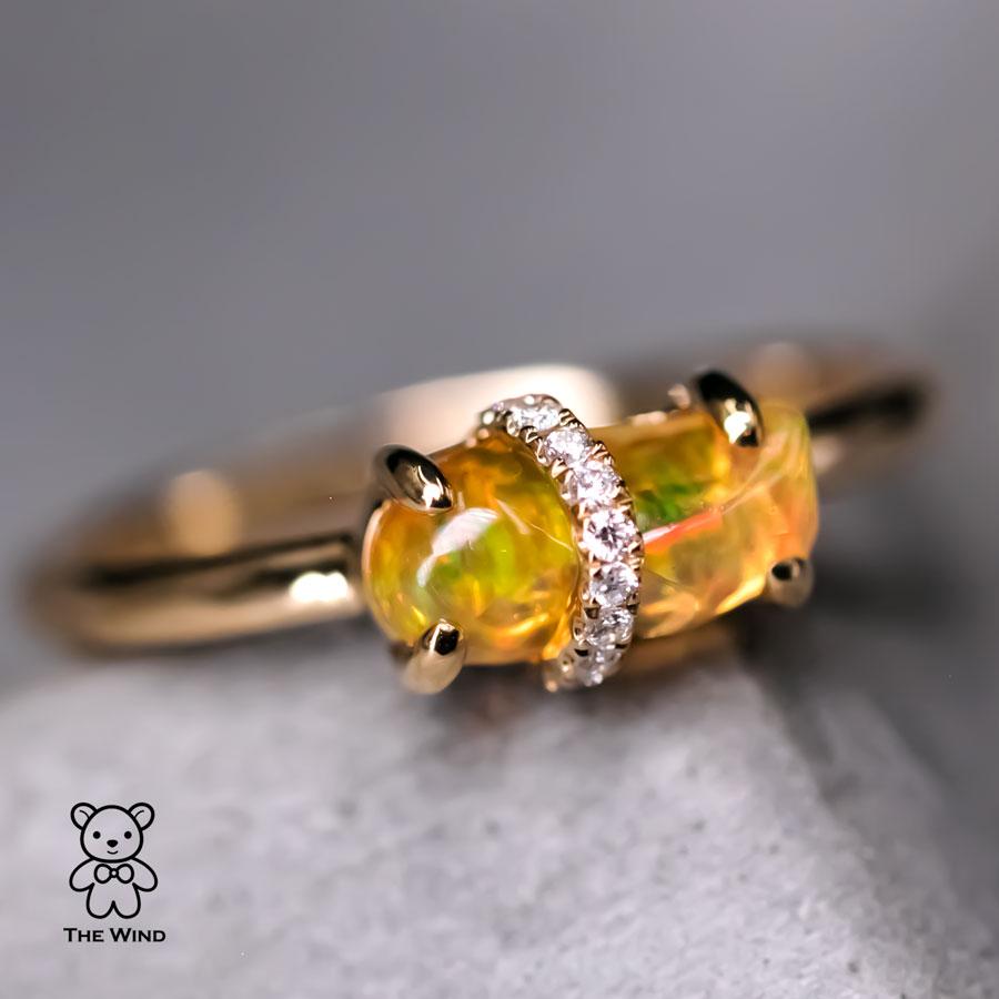 Women's or Men's Ribbon Wrapped Mexican Fire Opal Diamond Engagement Wedding Ring 18K For Sale