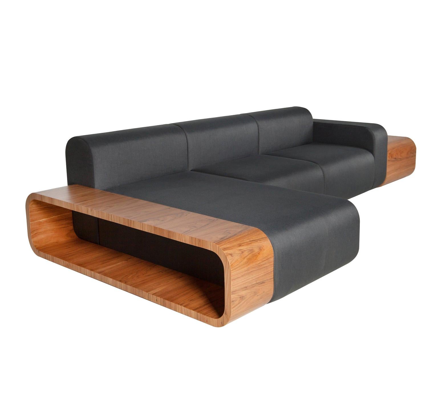 Riba Brazilian Contemporary Wood and Leather Sofa by Lattoog
