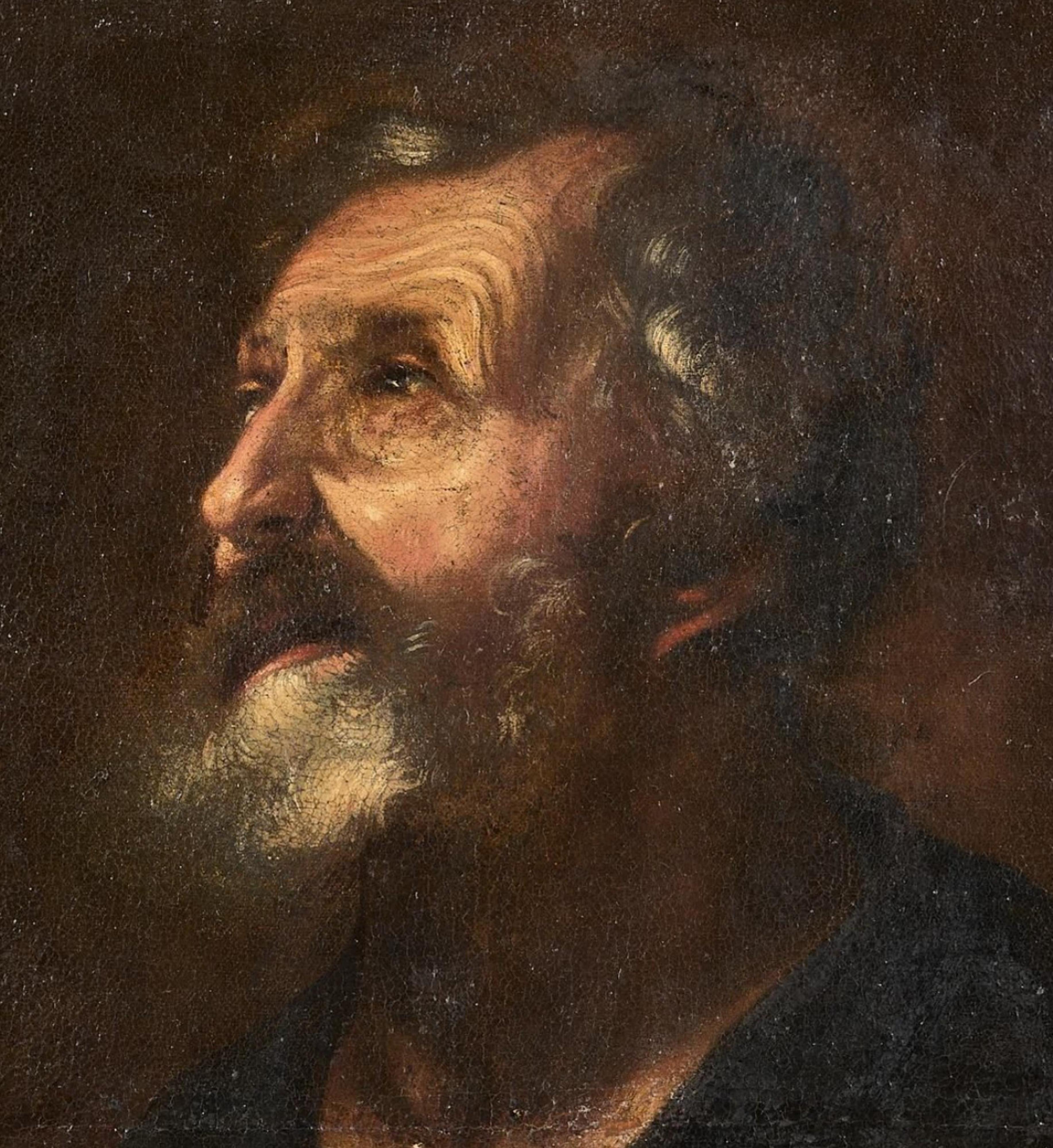 Ribera, Jusepe
Workshop
17th Century
Oil on canvas.
Half-length portrait of a bearded old man.
62 x 50 cm.
Gilt frame with surrounding relief decoration and black lacquered interior molding. (88 x 78 cm).
Good condition